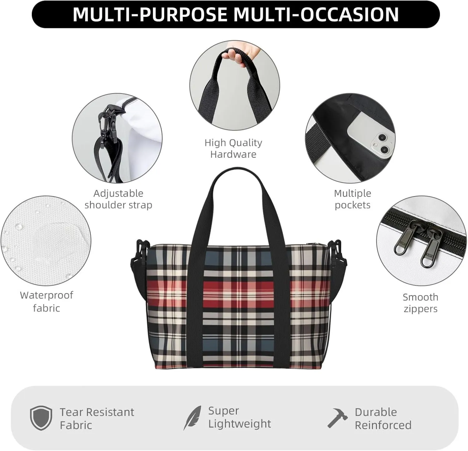 Gym Bag Old Plaid Checkered Duffel Bag for Men Women Travel Overnight Bag with Shoe Compartment Workout Bags
