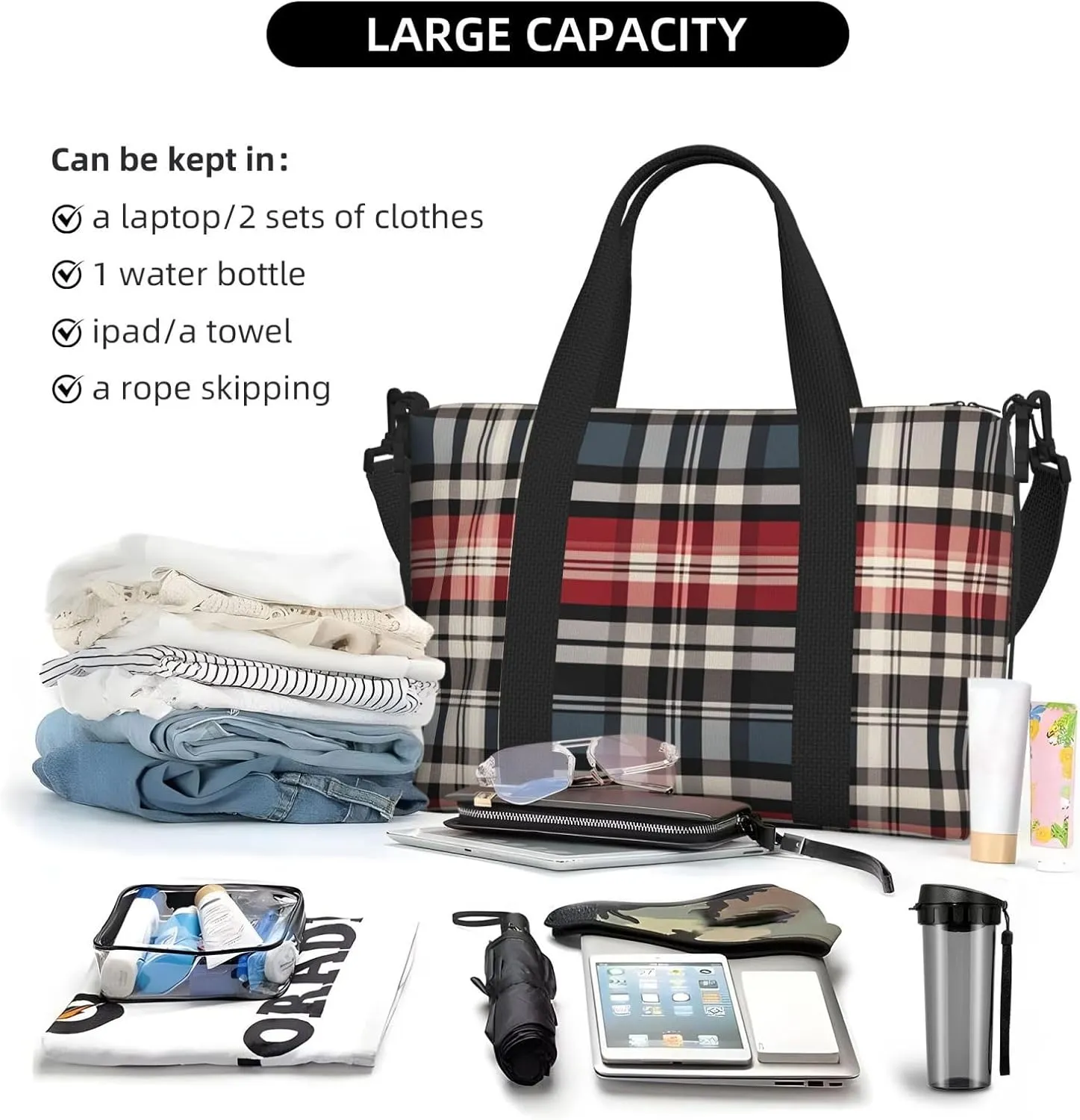 Gym Bag Old Plaid Checkered Duffel Bag for Men Women Travel Overnight Bag with Shoe Compartment Workout Bags