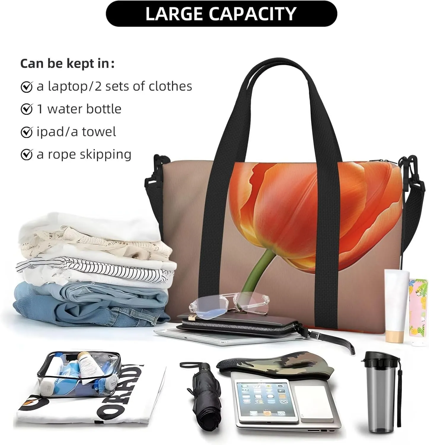 Gym Bag Orange tulip Duffel Bag for Men Women Travel Overnight Bag with Shoe Compartment Workout Bags