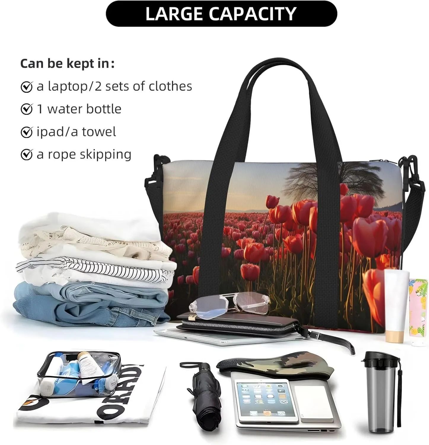 Gym Bag Tulips Field Duffel Bag for Men Women Travel Overnight Bag with Shoe Compartment Workout Bags