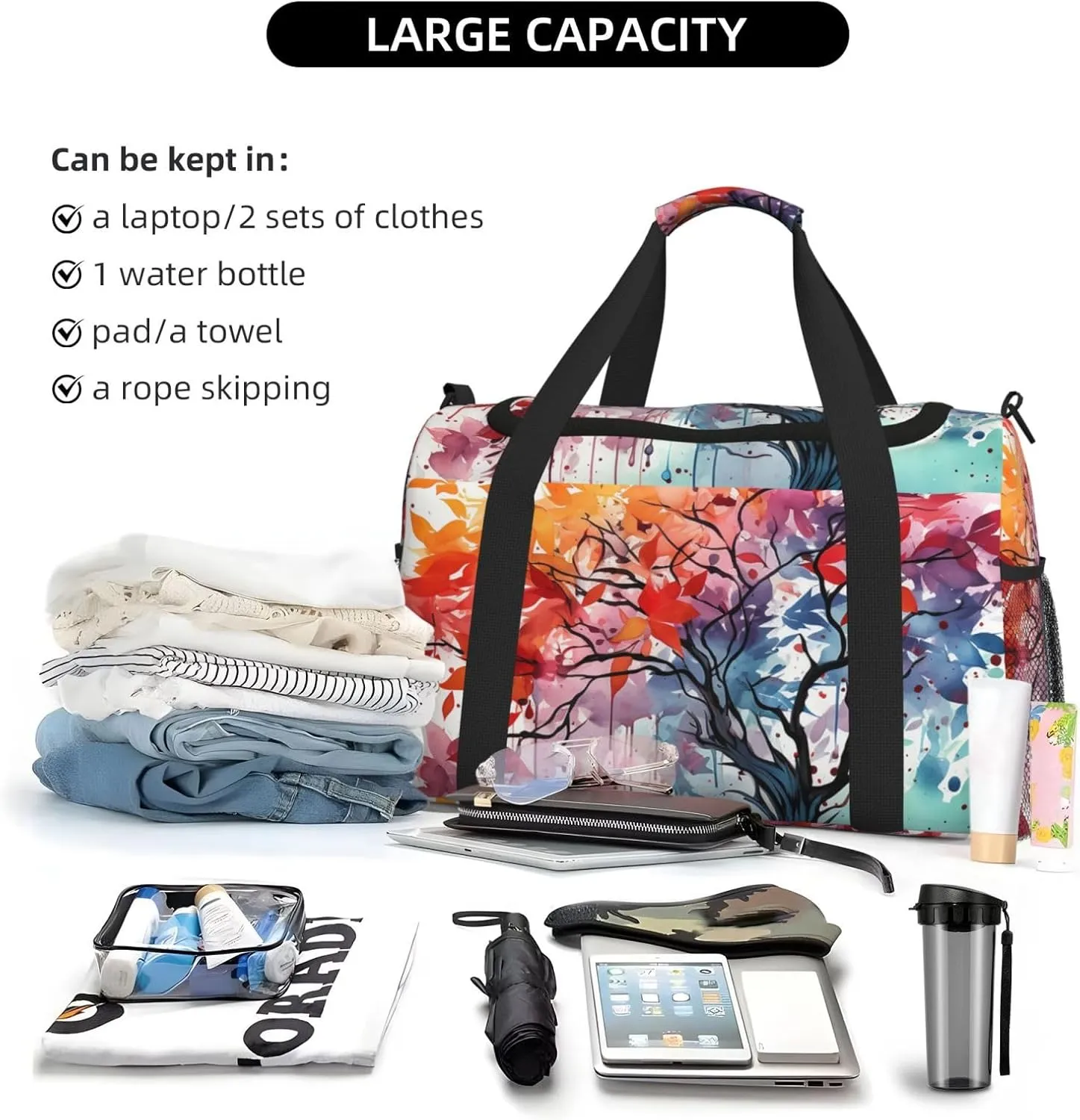Gym Bag Watercolor of rainbow color tree Duffel Bag for Men Women Travel Overnight Bag with Shoe Compartment Workout Bags