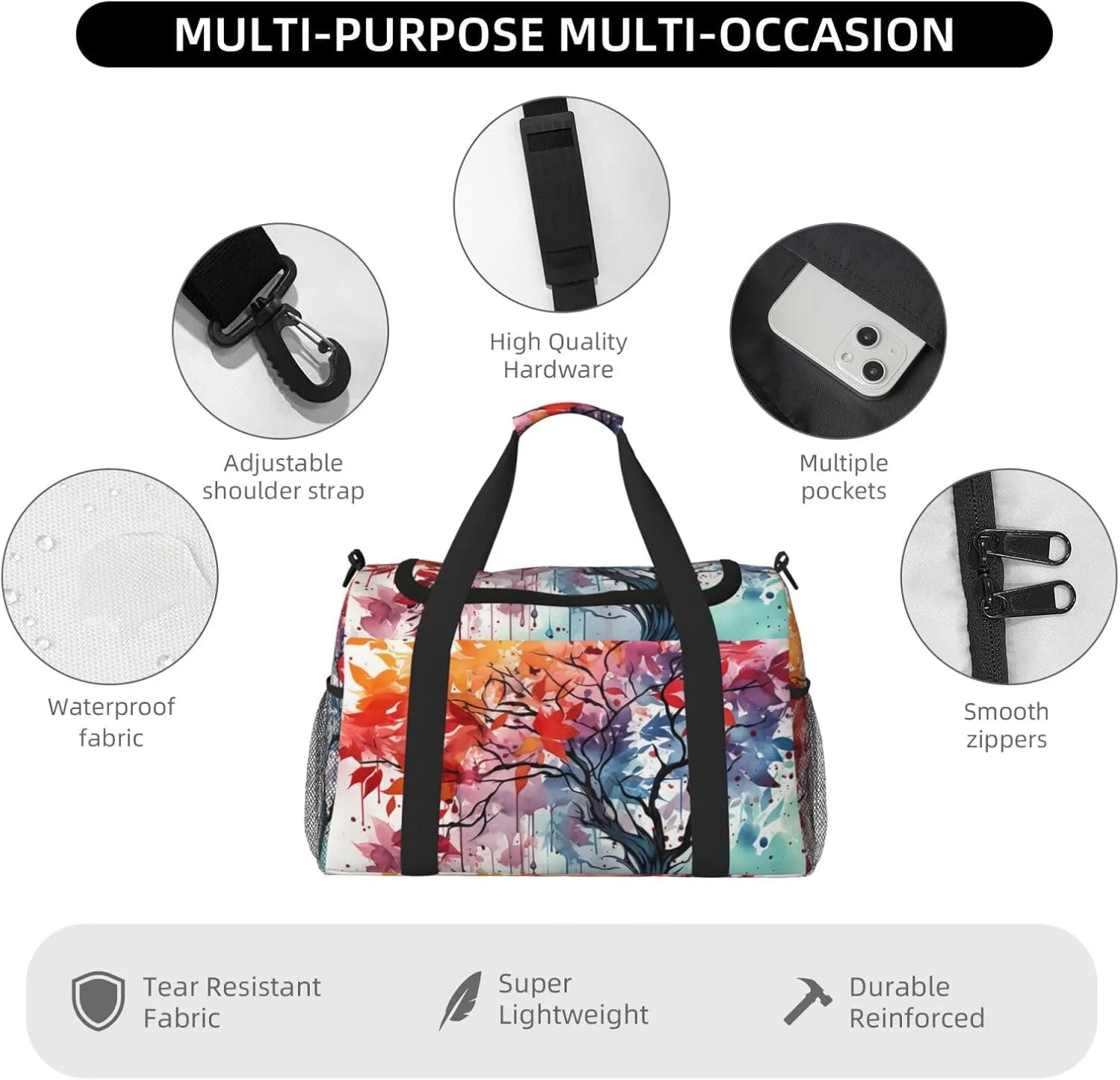 Gym Bag Watercolor of rainbow color tree Duffel Bag for Men Women Travel Overnight Bag with Shoe Compartment Workout Bags