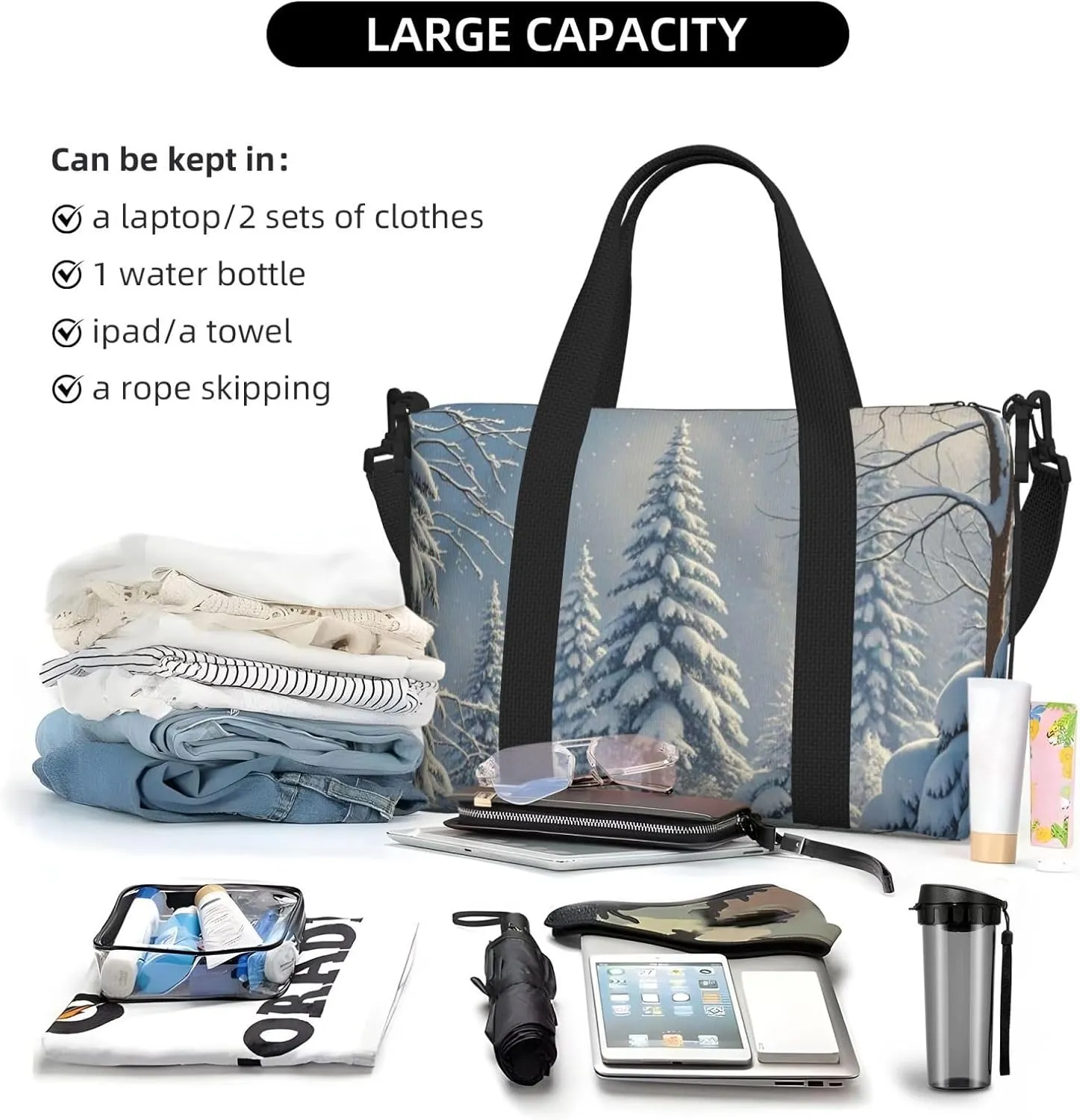 Gym Bag Winter Snow Scene Duffel Bag for Men Women Travel Overnight Bag with Shoe Compartment Workout Bags