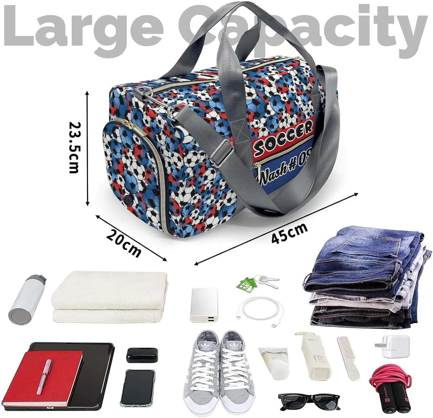 Gym Bags Blue White Red Soccer Duffel Bag Adjustable Shoulder Strap Perform Training Travel Bag for Teens Adults Women Men