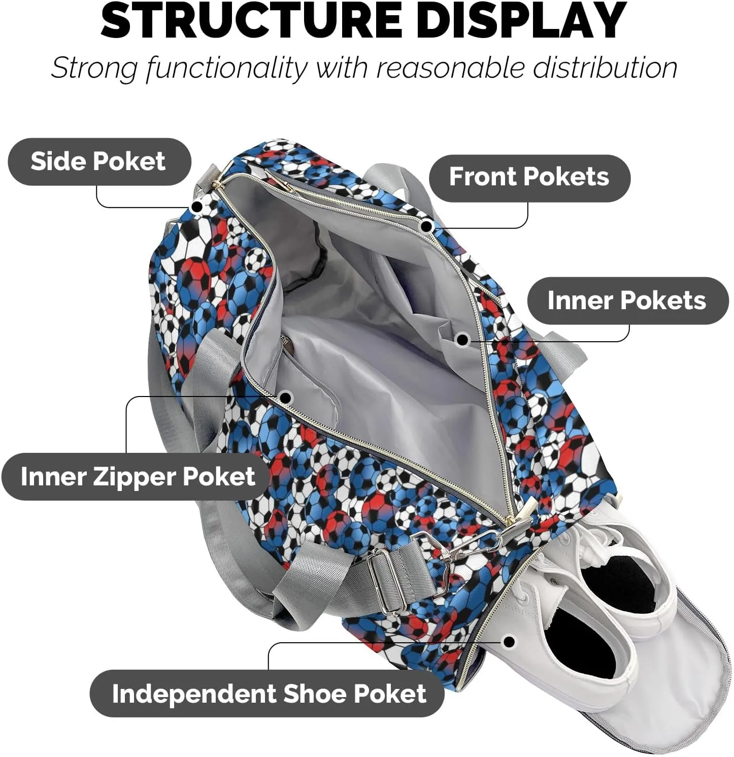 Gym Bags Blue White Red Soccer Duffel Bag Adjustable Shoulder Strap Perform Training Travel Bag for Teens Adults Women Men
