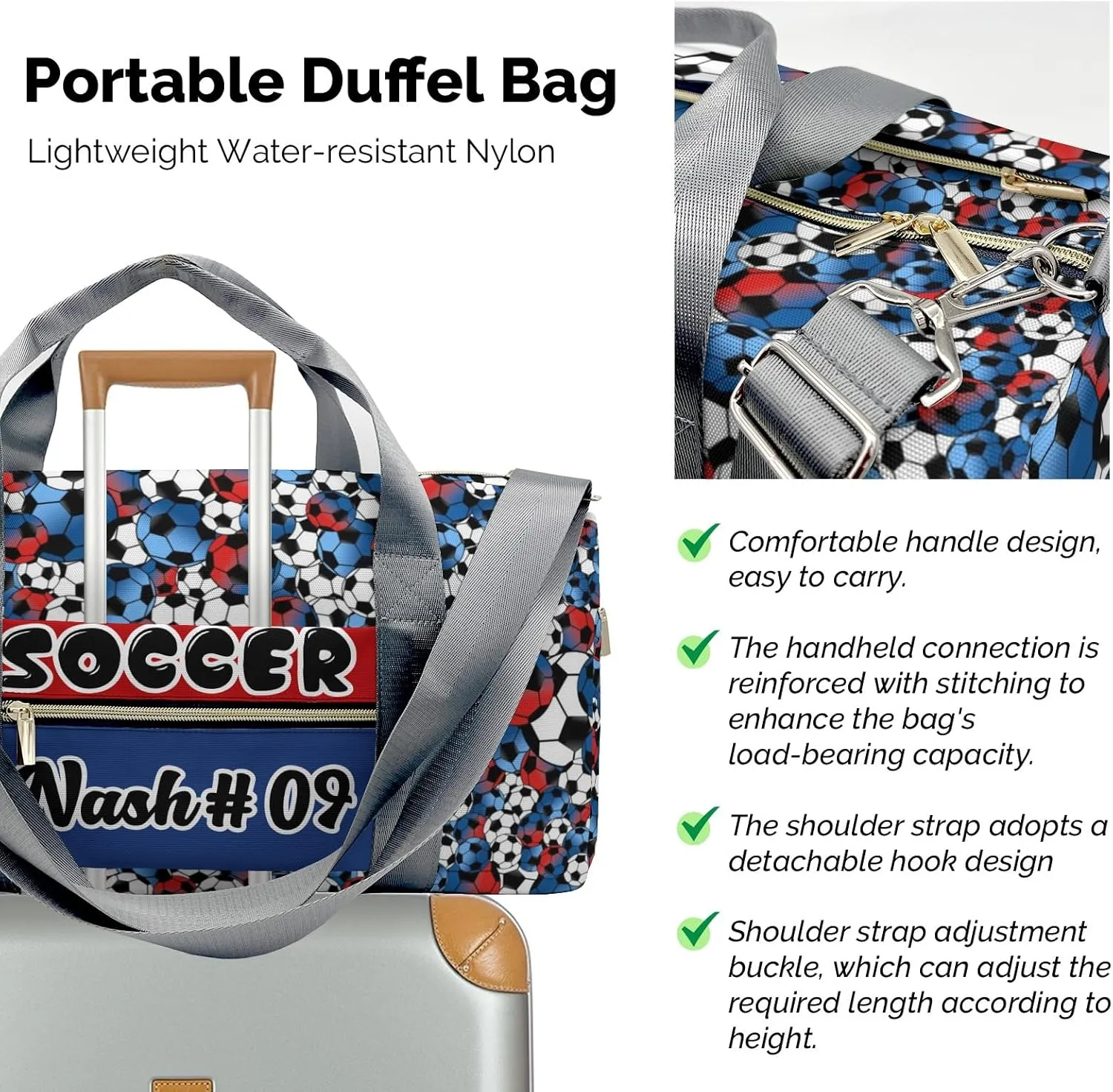 Gym Bags Blue White Red Soccer Duffel Bag Adjustable Shoulder Strap Perform Training Travel Bag for Teens Adults Women Men
