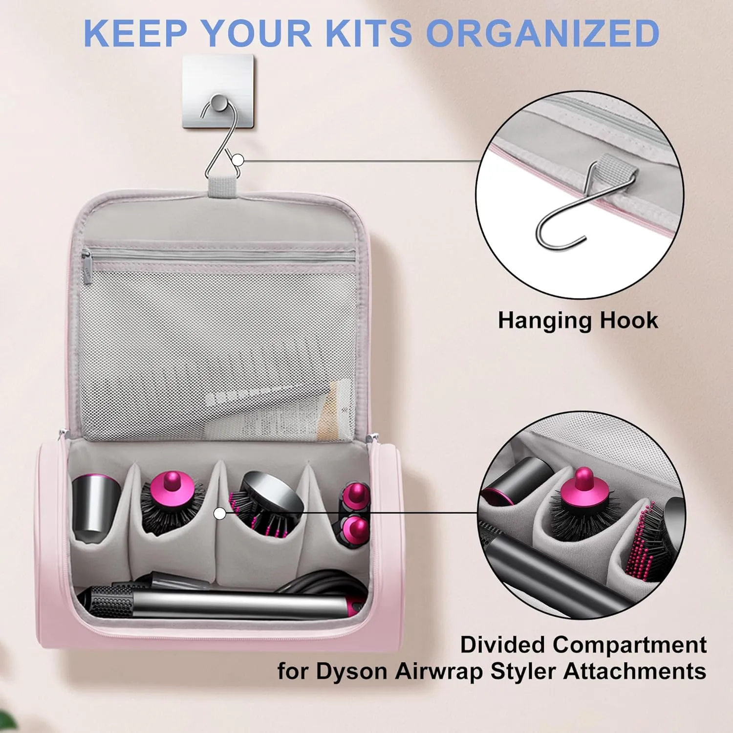 Hair Dryer Travel Case, Portable Hairdryer Storage Bag with Hanging Hook, Waterproof Hair Dryers Organizer Bags