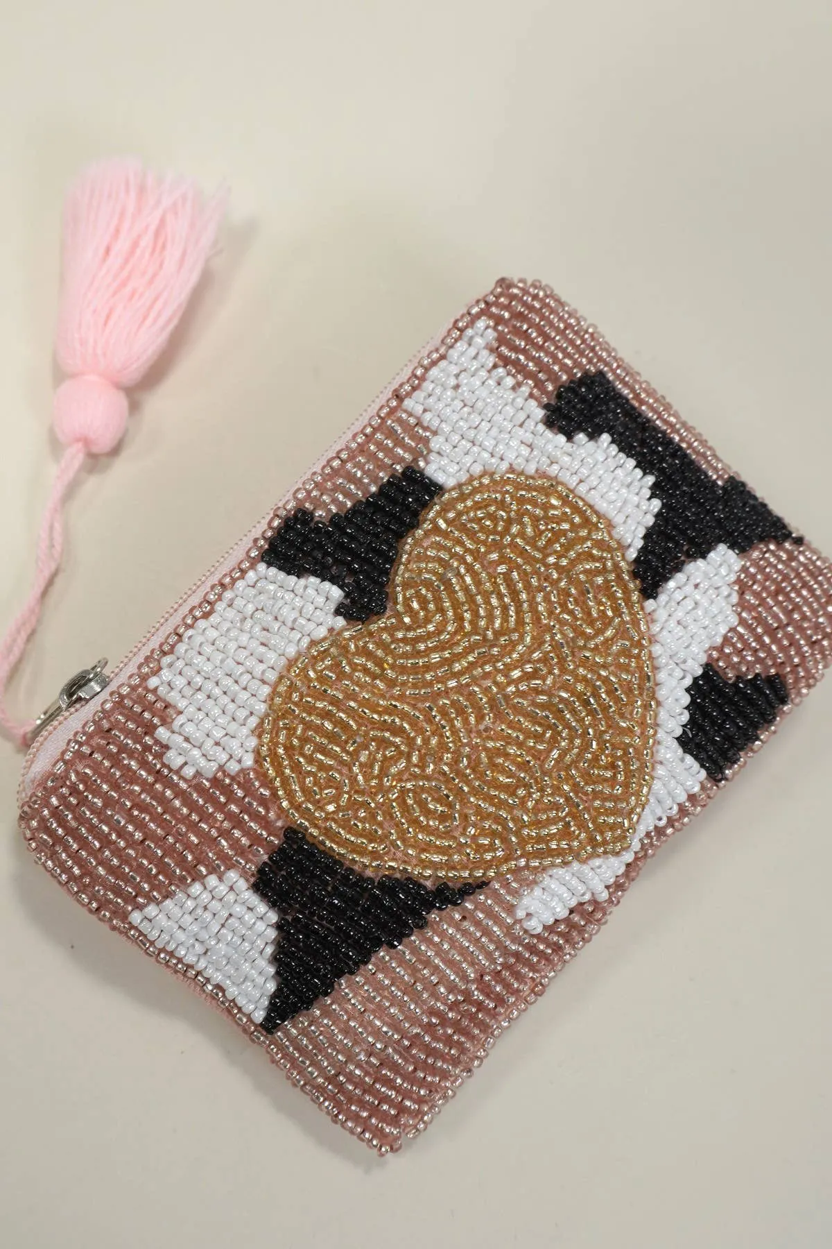 HEART GOLD TASSEL SEED BEADED COIN PURSE
