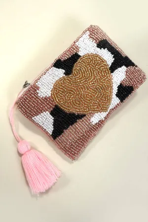 HEART GOLD TASSEL SEED BEADED COIN PURSE