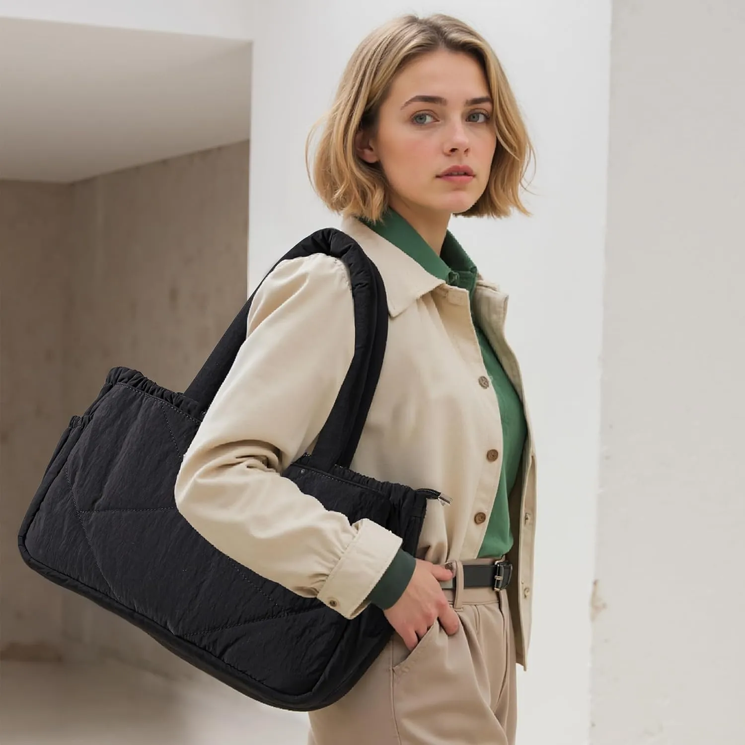 Herald Puffer Tote Bag for Women, Quilted Large Crossbody Shoulder Purse Handbag with Laptop Compartment & Multi Pocket