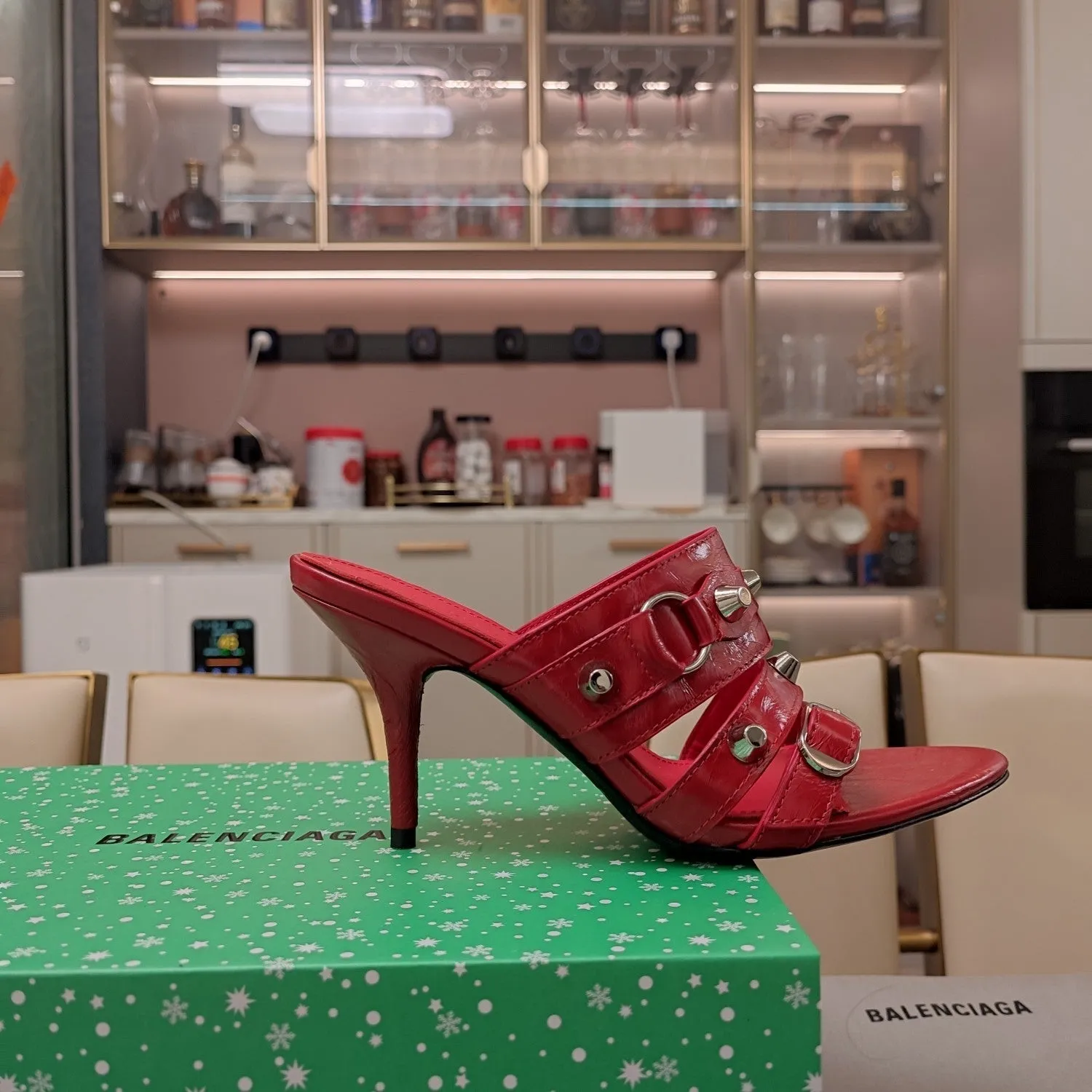 HIGH-HEELED STUDDED SANDALS IN Balanciaga Bold STRAPPY RED WAX-OIL SHEEPSKIN Fashion-forward