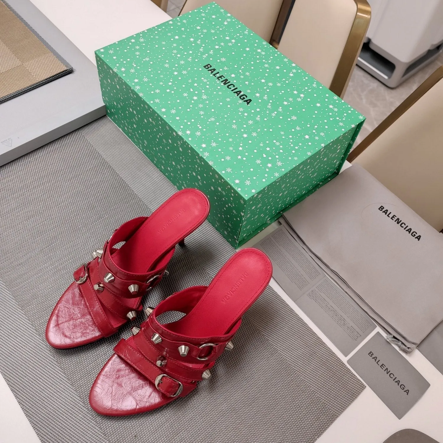 HIGH-HEELED STUDDED SANDALS IN Balanciaga Bold STRAPPY RED WAX-OIL SHEEPSKIN Fashion-forward