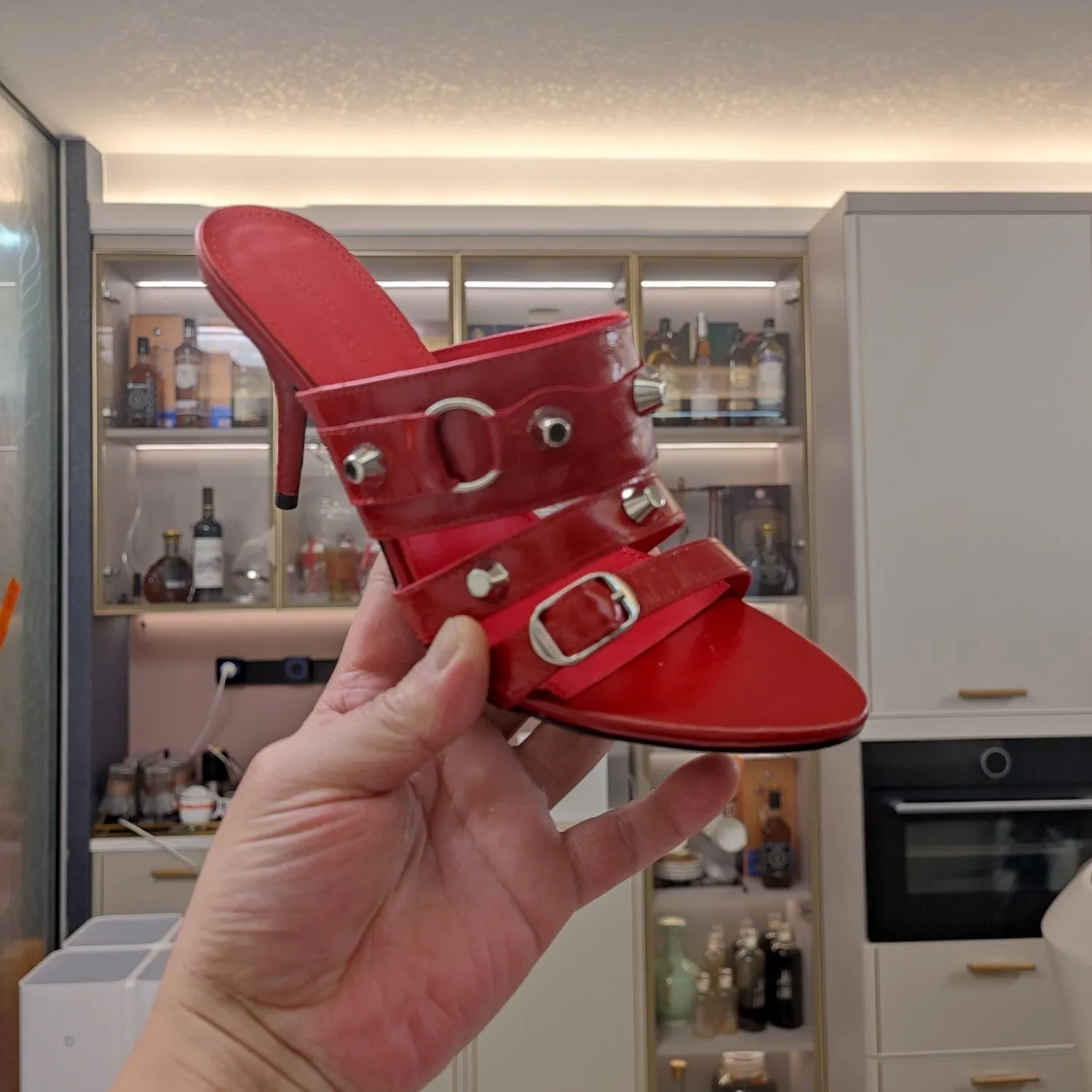 HIGH-HEELED STUDDED SANDALS IN Balanciaga Bold STRAPPY RED WAX-OIL SHEEPSKIN Fashion-forward