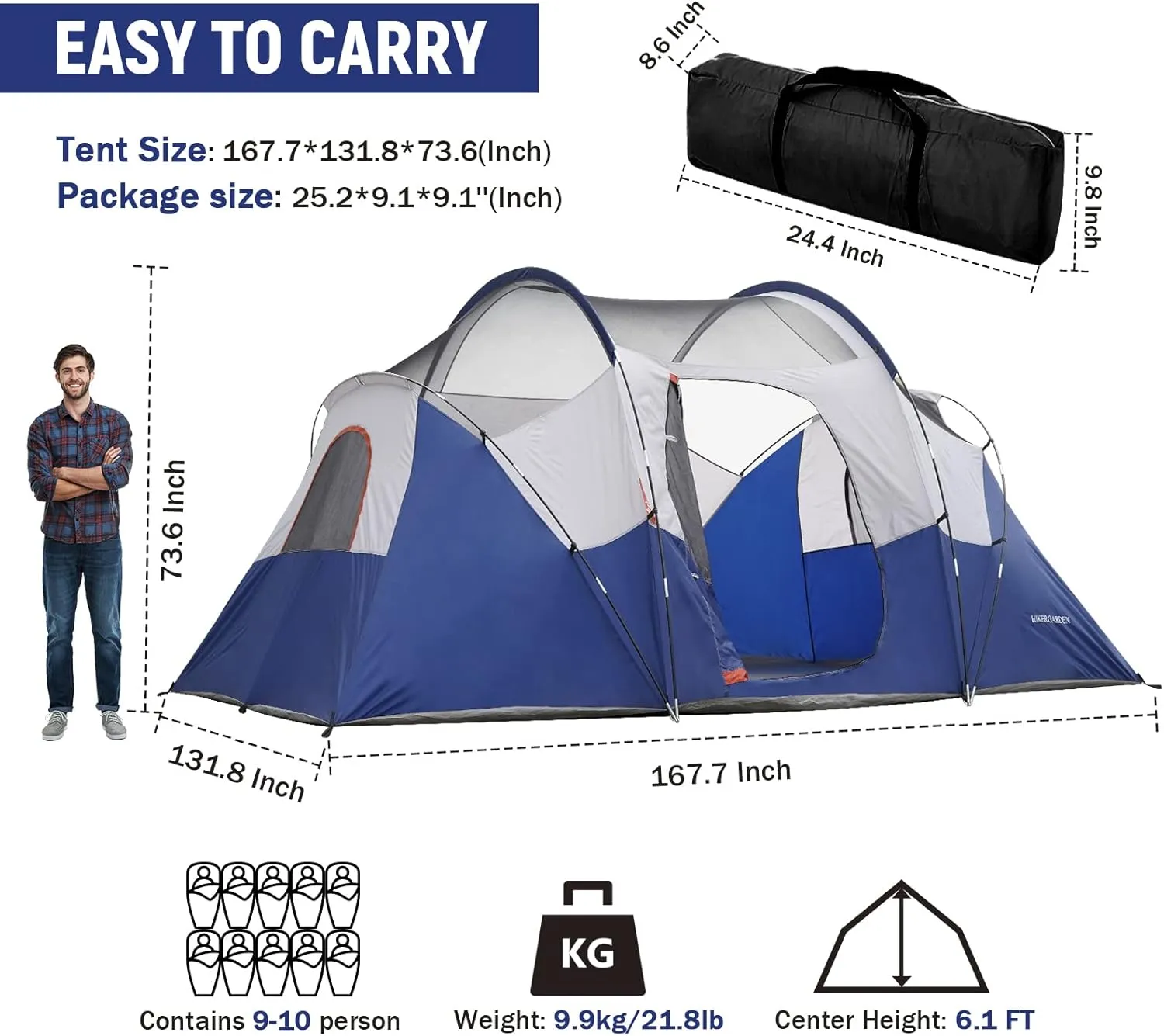 HIKERGARDEN 10 Person Camping Tent - Portable Easy Set Up Family Tent for Camp, Windproof Fabric Dome Tent Outdoor for Hiking, Backpacking, Traveling-14'x11'x74in(H)