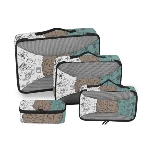 Human Brain Concepts Seamless Pattern on Black Green Background 4 Set Packing Cubes, Travel Packing Organizers, 600D Oxford Cloth Toiletry Storage Bag, Luggage Mesh Bags for Accessories