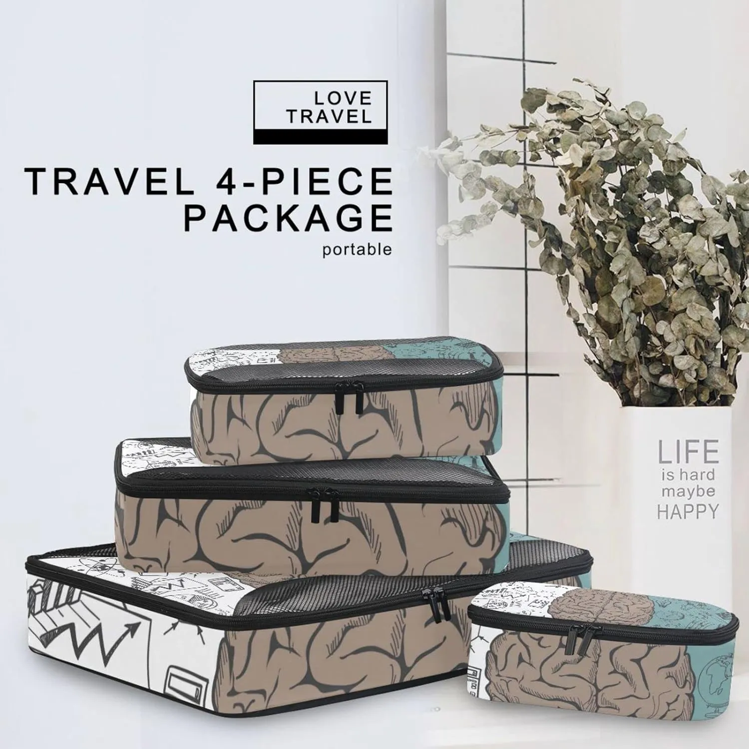 Human Brain Concepts Seamless Pattern on Black Green Background 4 Set Packing Cubes, Travel Packing Organizers, 600D Oxford Cloth Toiletry Storage Bag, Luggage Mesh Bags for Accessories