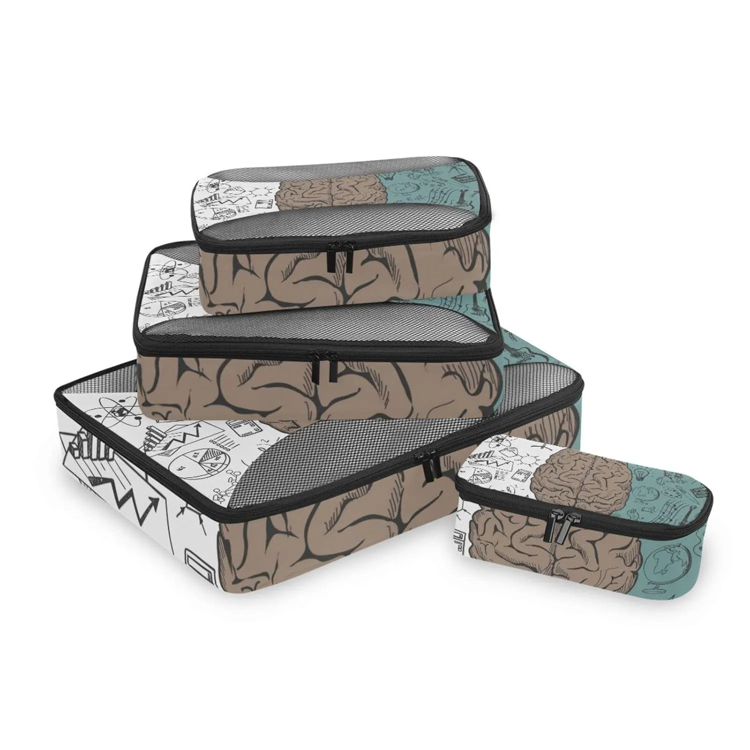 Human Brain Concepts Seamless Pattern on Black Green Background 4 Set Packing Cubes, Travel Packing Organizers, 600D Oxford Cloth Toiletry Storage Bag, Luggage Mesh Bags for Accessories