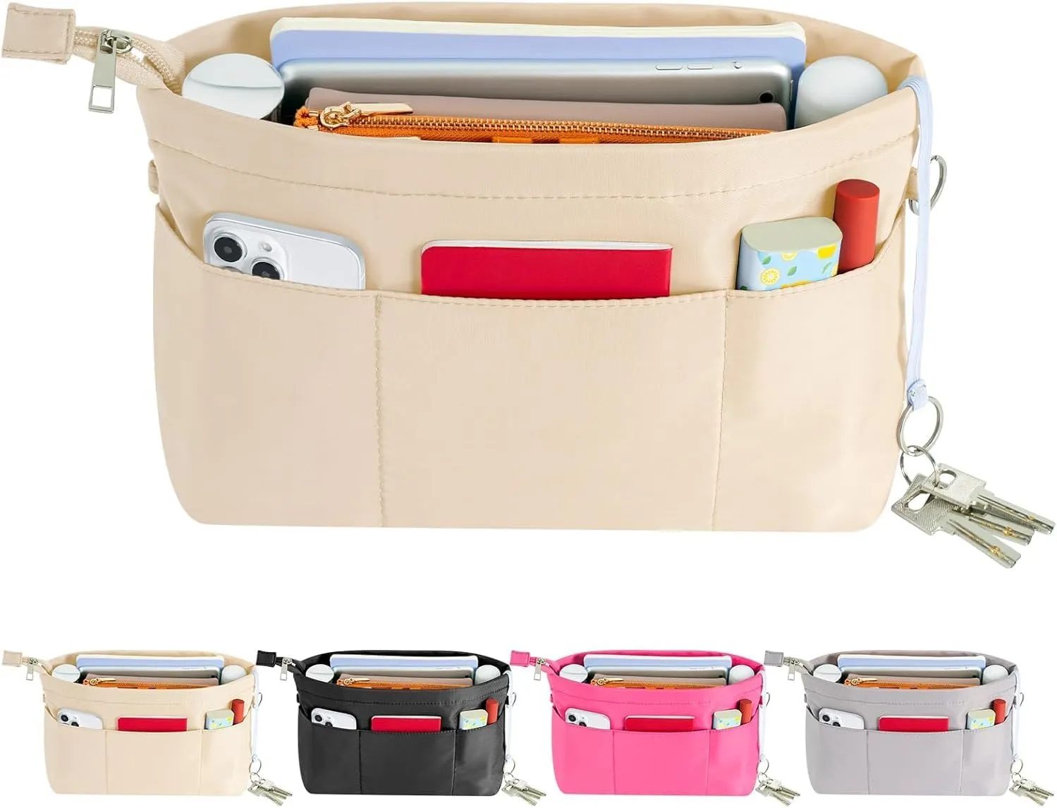 HyFanStr Purse Organizer Insert with Zipped Top for Tote Bag, Handbag Shaper with 13 Pockets