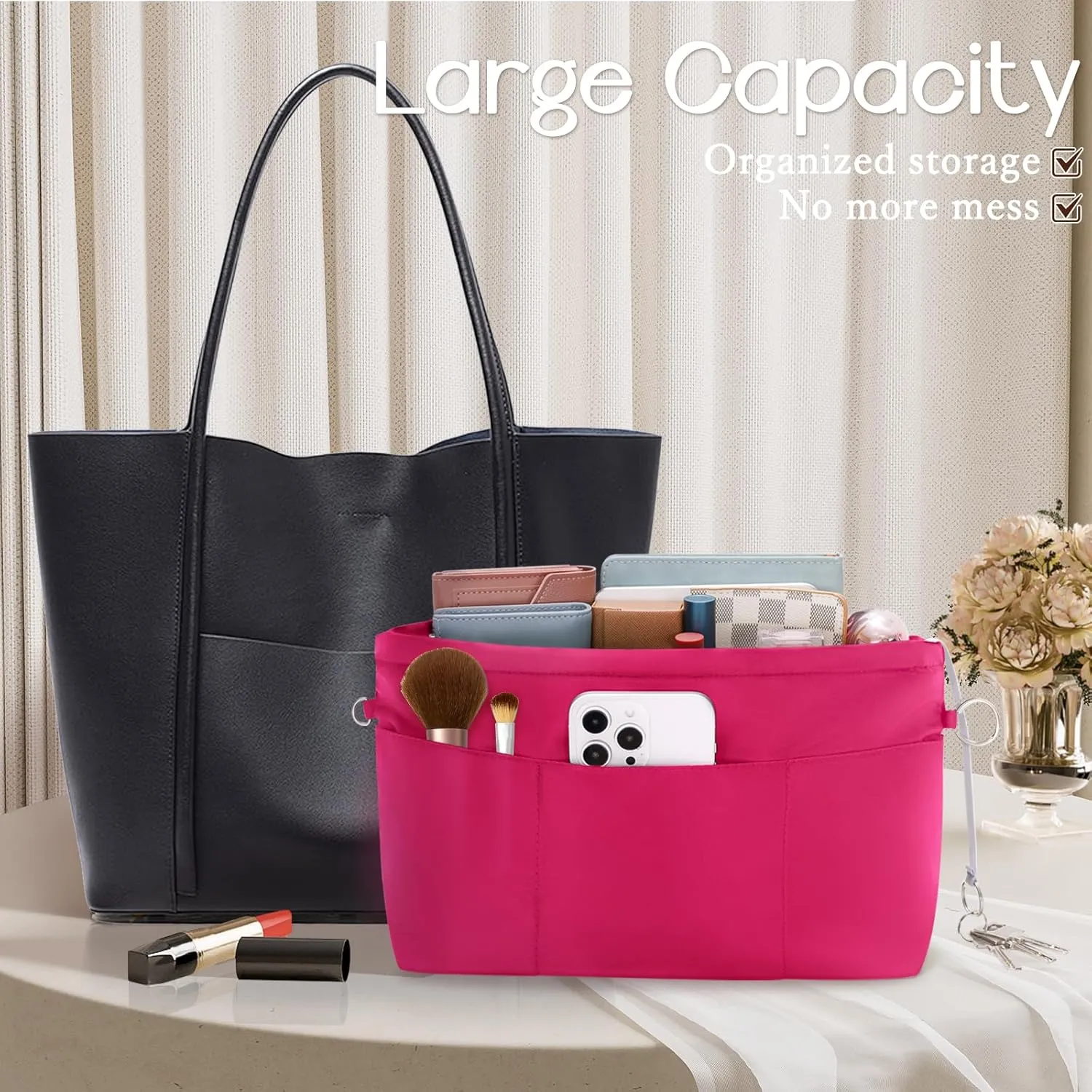 HyFanStr Purse Organizer Insert with Zipped Top for Tote Bag, Handbag Shaper with 13 Pockets