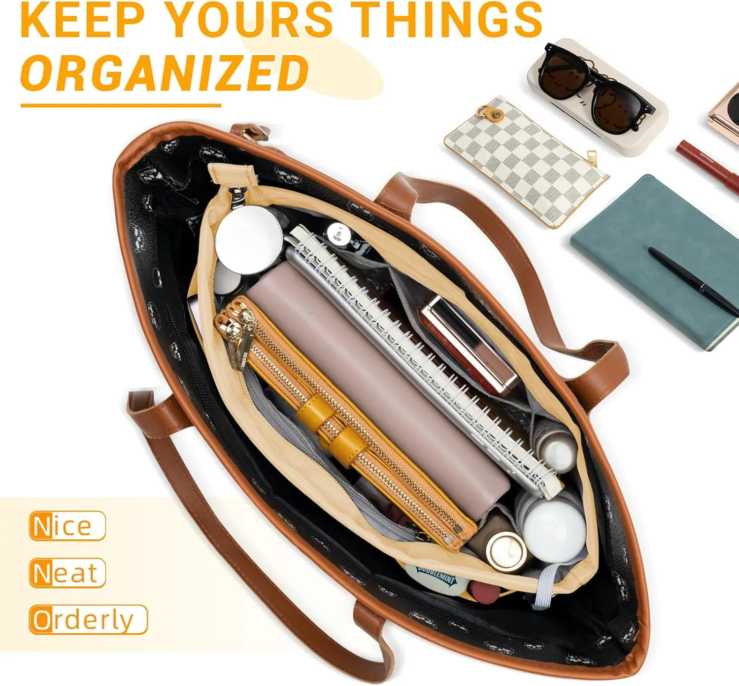 HyFanStr Purse Organizer Insert with Zipped Top for Tote Bag, Handbag Shaper with 13 Pockets