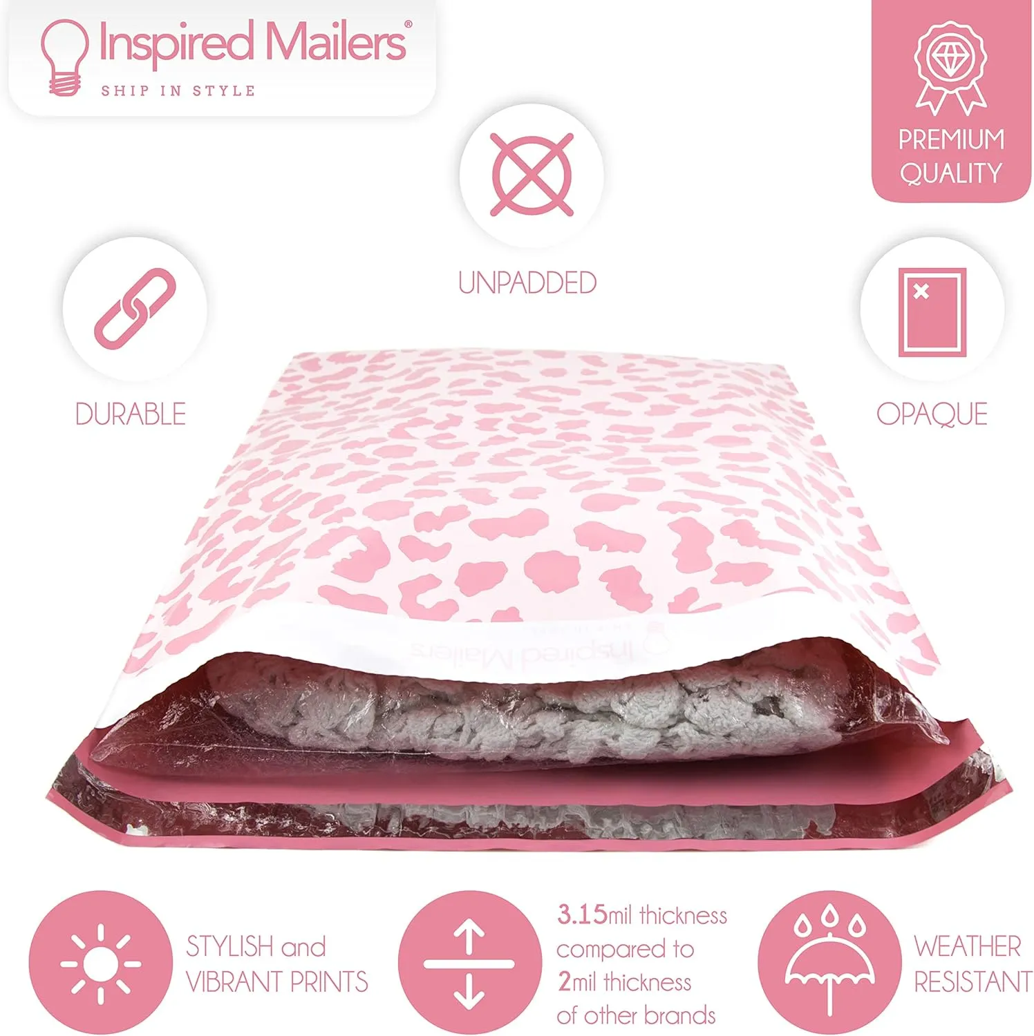 Inspired Mailers – Large Poly Mailers 14.5 x 19 – 50 Pack – Rose Gold Cheetah Design – Shipping Bags and Mailing Envelopes for Packaging