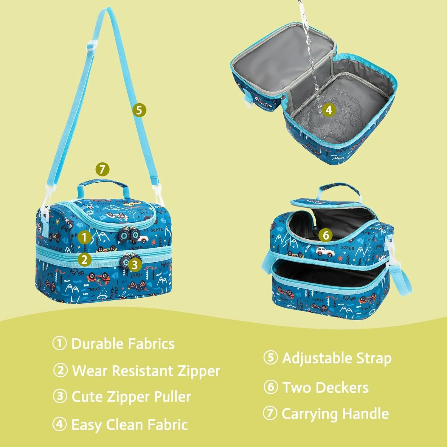 Insulated Kids Dual Compartment Lunch Bags Tote Pack for Girls Boys Toddler Kindergarten School Picnic Food Cooler Boxes with Shoulder Strap (Blue Car)