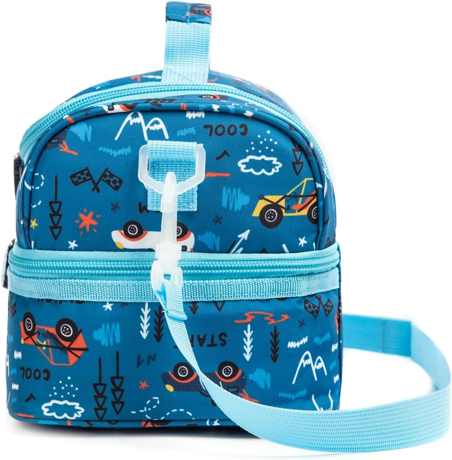 Insulated Kids Dual Compartment Lunch Bags Tote Pack for Girls Boys Toddler Kindergarten School Picnic Food Cooler Boxes with Shoulder Strap (Blue Car)