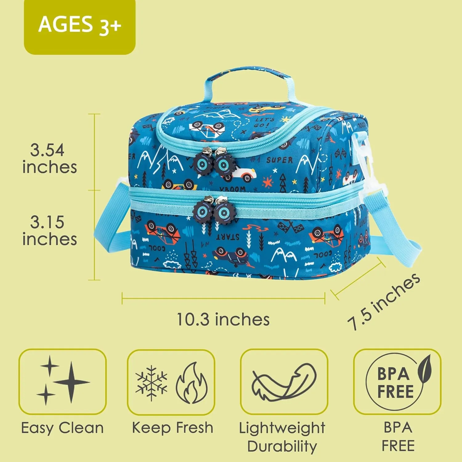 Insulated Kids Dual Compartment Lunch Bags Tote Pack for Girls Boys Toddler Kindergarten School Picnic Food Cooler Boxes with Shoulder Strap (Blue Car)