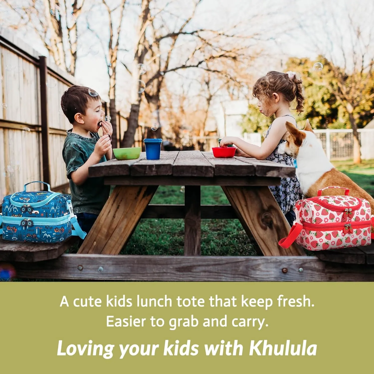 Insulated Kids Dual Compartment Lunch Bags Tote Pack for Girls Boys Toddler Kindergarten School Picnic Food Cooler Boxes with Shoulder Strap (Blue Car)