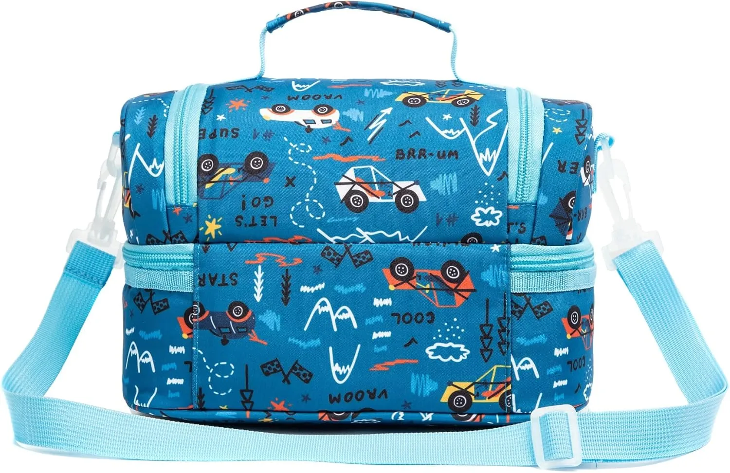 Insulated Kids Dual Compartment Lunch Bags Tote Pack for Girls Boys Toddler Kindergarten School Picnic Food Cooler Boxes with Shoulder Strap (Blue Car)