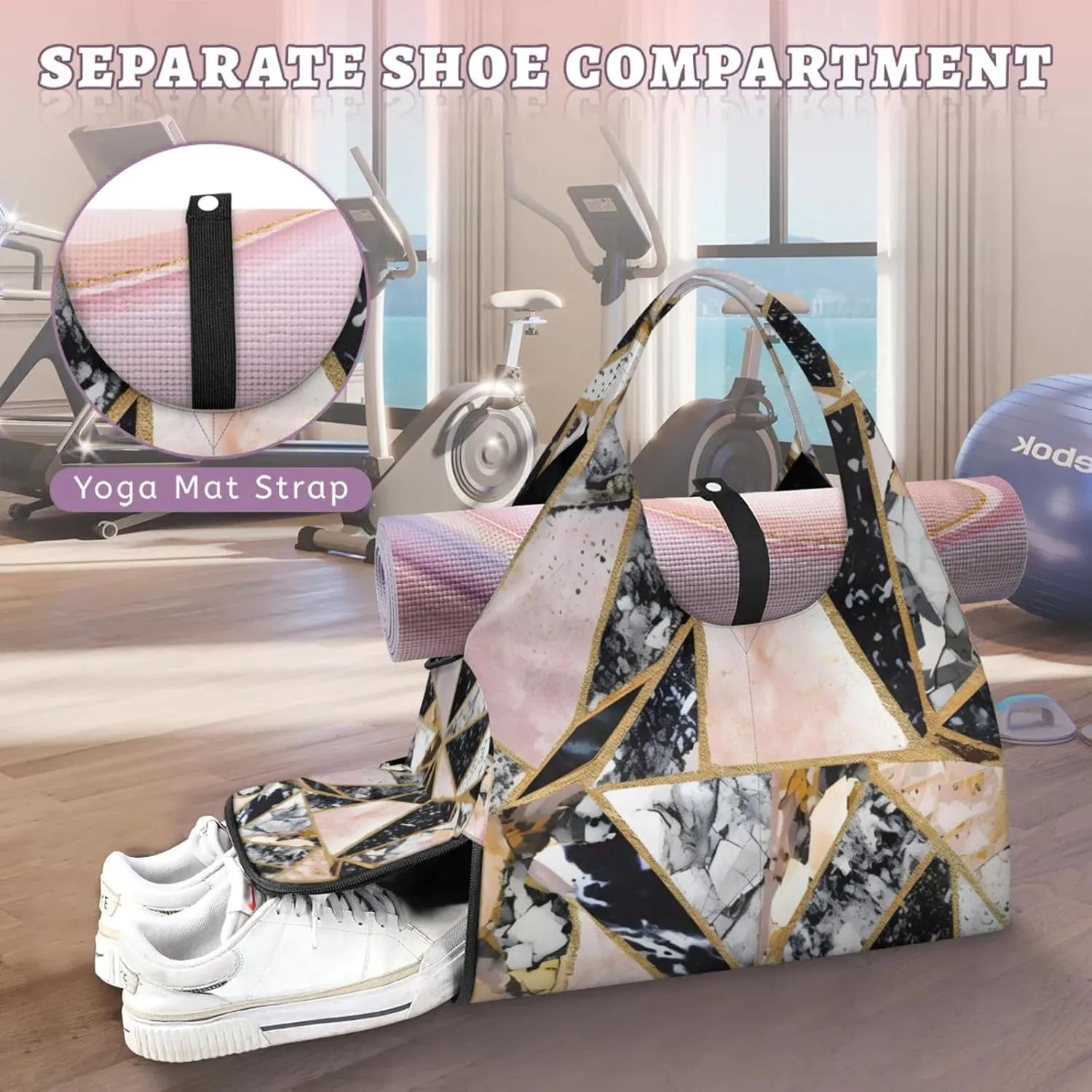 Irregular Marble Gym Bag Yoga Mat Tote for Women with Shoes Compartment Lightweight Duffle Travel Carrier Wet Dry Storage Pockets Adjustable Pilates Mats Shoulder Bags for Sport Swim