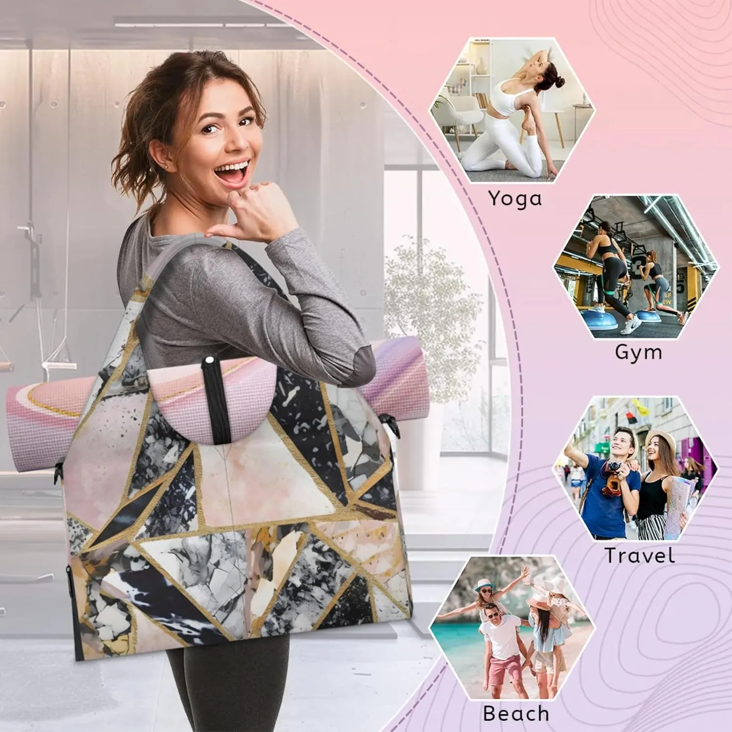Irregular Marble Gym Bag Yoga Mat Tote for Women with Shoes Compartment Lightweight Duffle Travel Carrier Wet Dry Storage Pockets Adjustable Pilates Mats Shoulder Bags for Sport Swim