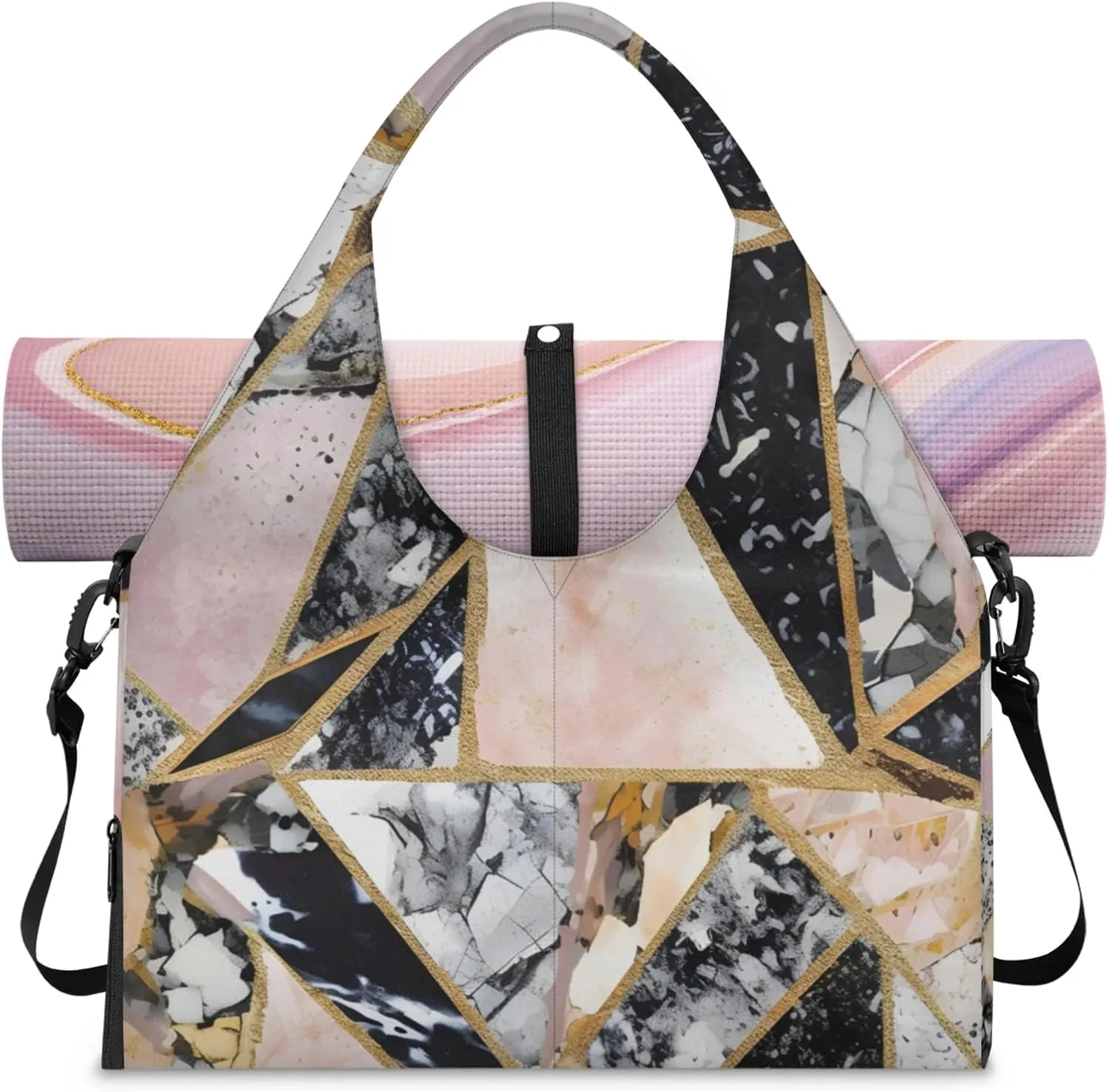 Irregular Marble Gym Bag Yoga Mat Tote for Women with Shoes Compartment Lightweight Duffle Travel Carrier Wet Dry Storage Pockets Adjustable Pilates Mats Shoulder Bags for Sport Swim