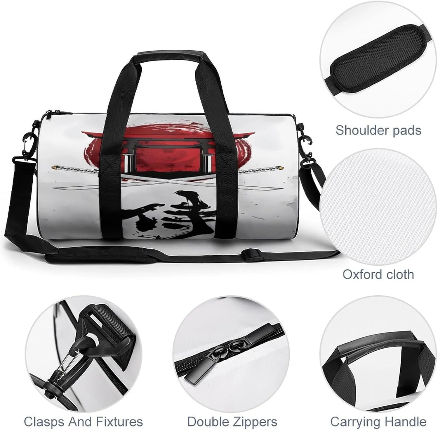 Japanese Samurai Graphic Duffelbag Utility Bag Cylindrical Duffelbags Picnic Bags Gym Satchel Durable Handbag Sports Duffel Bags 17.7in/9in/9in