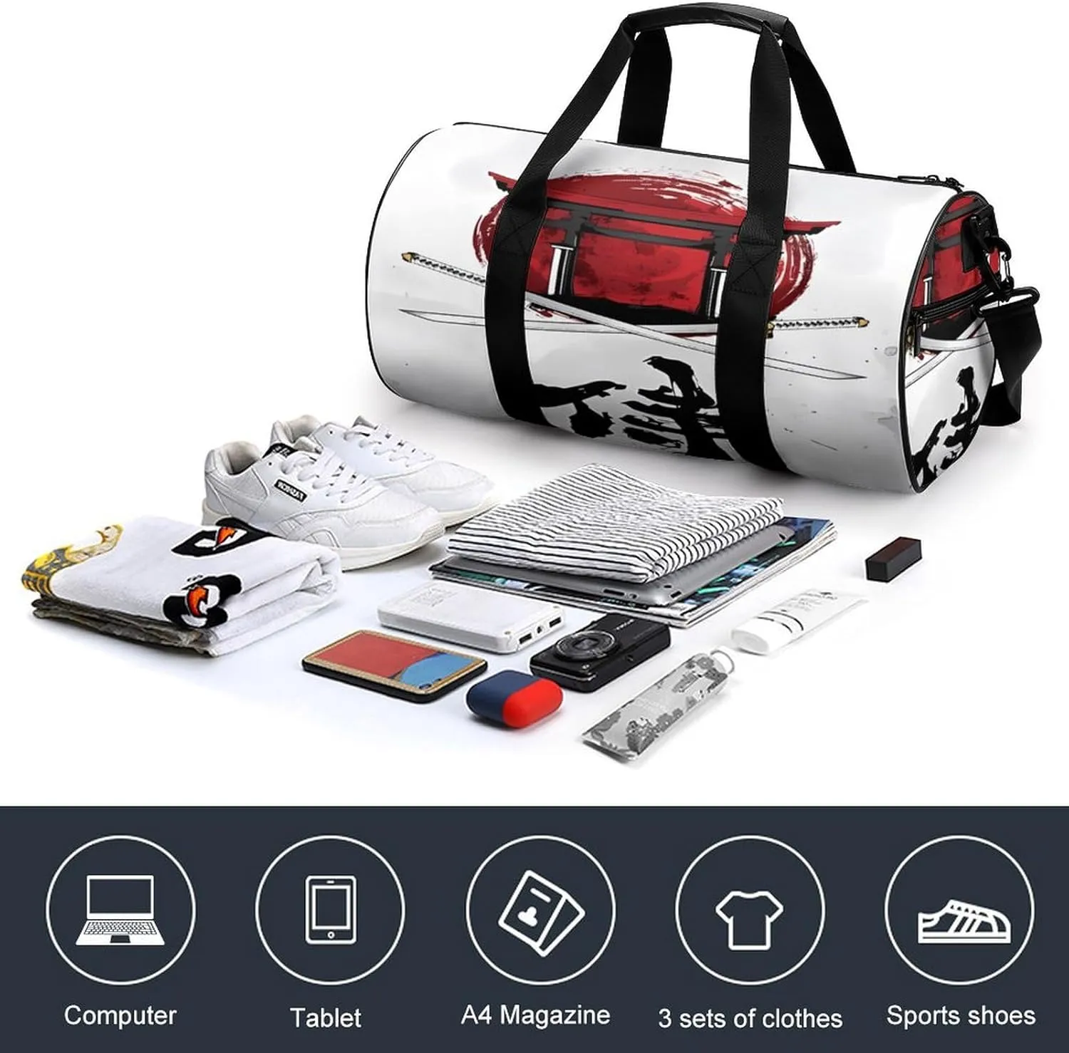 Japanese Samurai Graphic Duffelbag Utility Bag Cylindrical Duffelbags Picnic Bags Gym Satchel Durable Handbag Sports Duffel Bags 17.7in/9in/9in