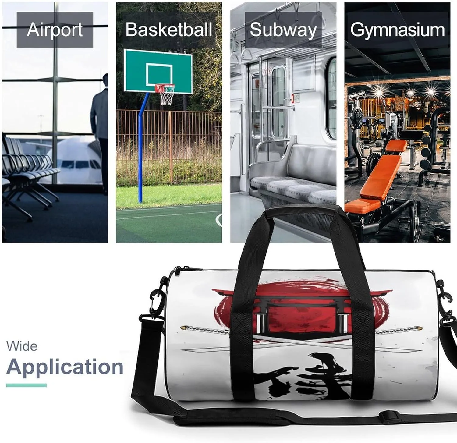 Japanese Samurai Graphic Duffelbag Utility Bag Cylindrical Duffelbags Picnic Bags Gym Satchel Durable Handbag Sports Duffel Bags 17.7in/9in/9in