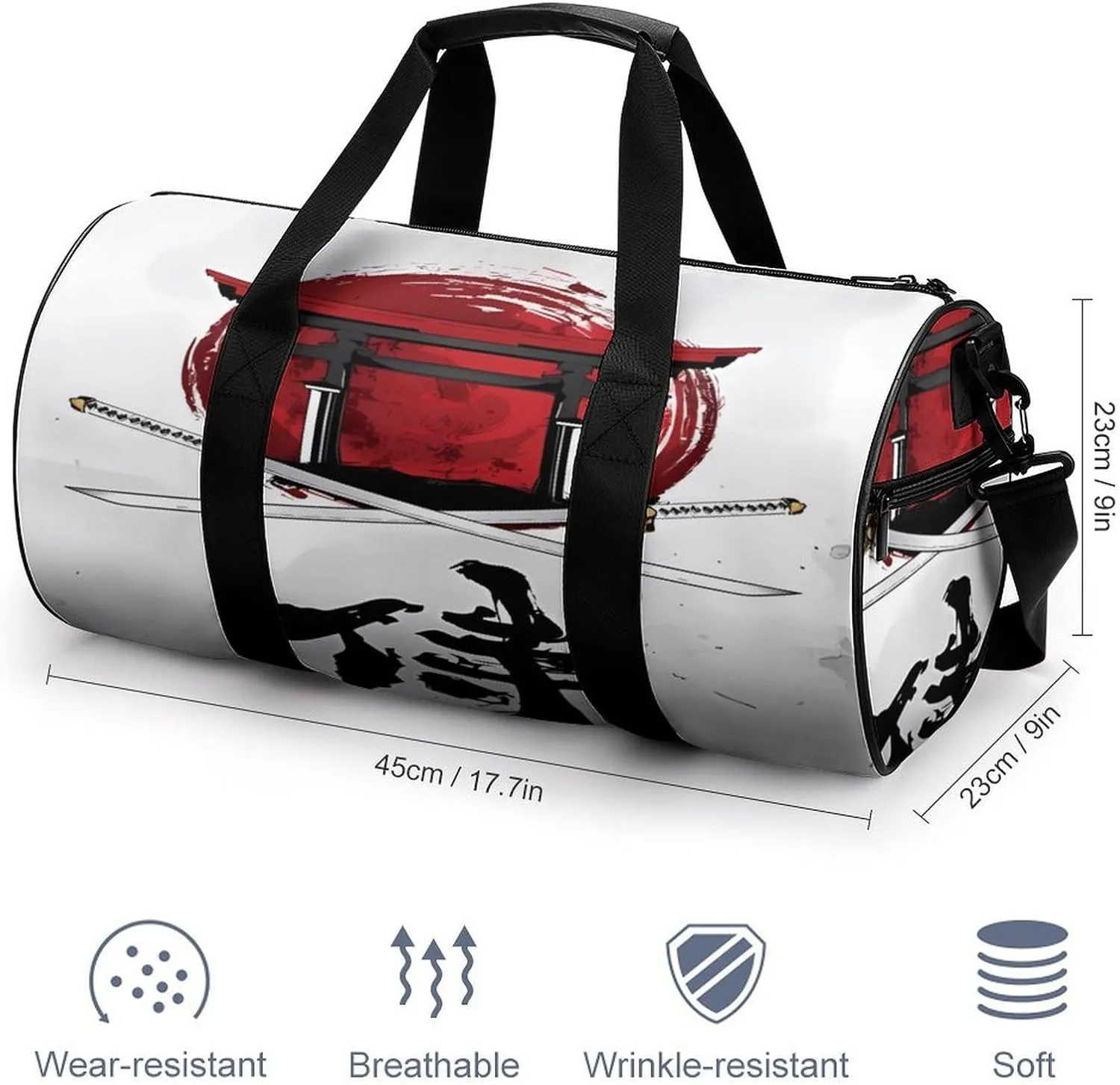 Japanese Samurai Graphic Duffelbag Utility Bag Cylindrical Duffelbags Picnic Bags Gym Satchel Durable Handbag Sports Duffel Bags 17.7in/9in/9in