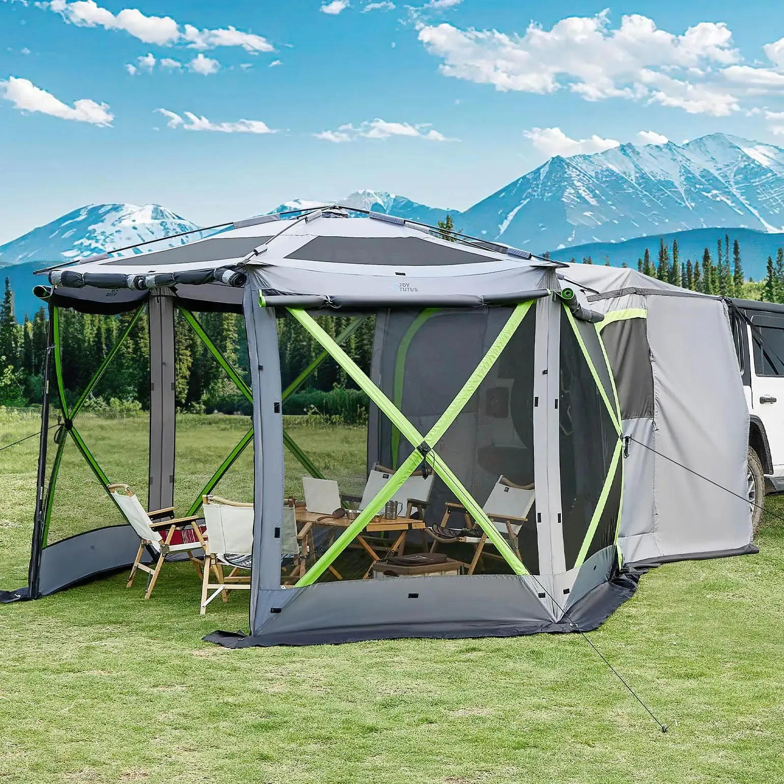 JOYTUTUS Dual-Use Pop up SUV Tent for Camping 11x11 Ft Outdoor Gazebo Screen Tent SUV Tailgate Tent for Family Vehicle Camping Canopy Shelter Portable Carry Bag Gray Green