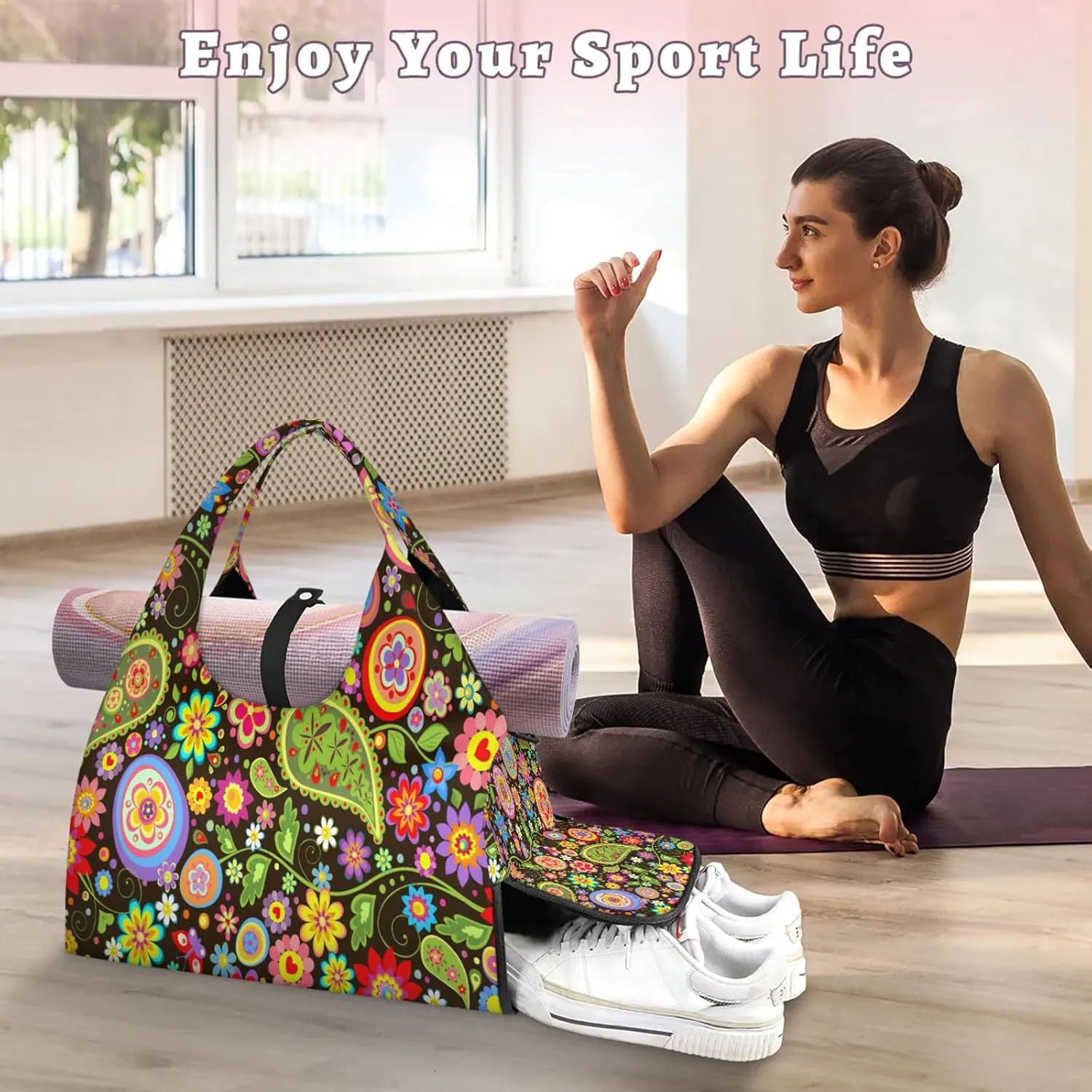 KOBLEN Yoga Gym Bags for Women Duffel Bag with Shoe Compartment and Yoga Mat Portable Weekender Bags for Pilates Travel Offices Workout Beach