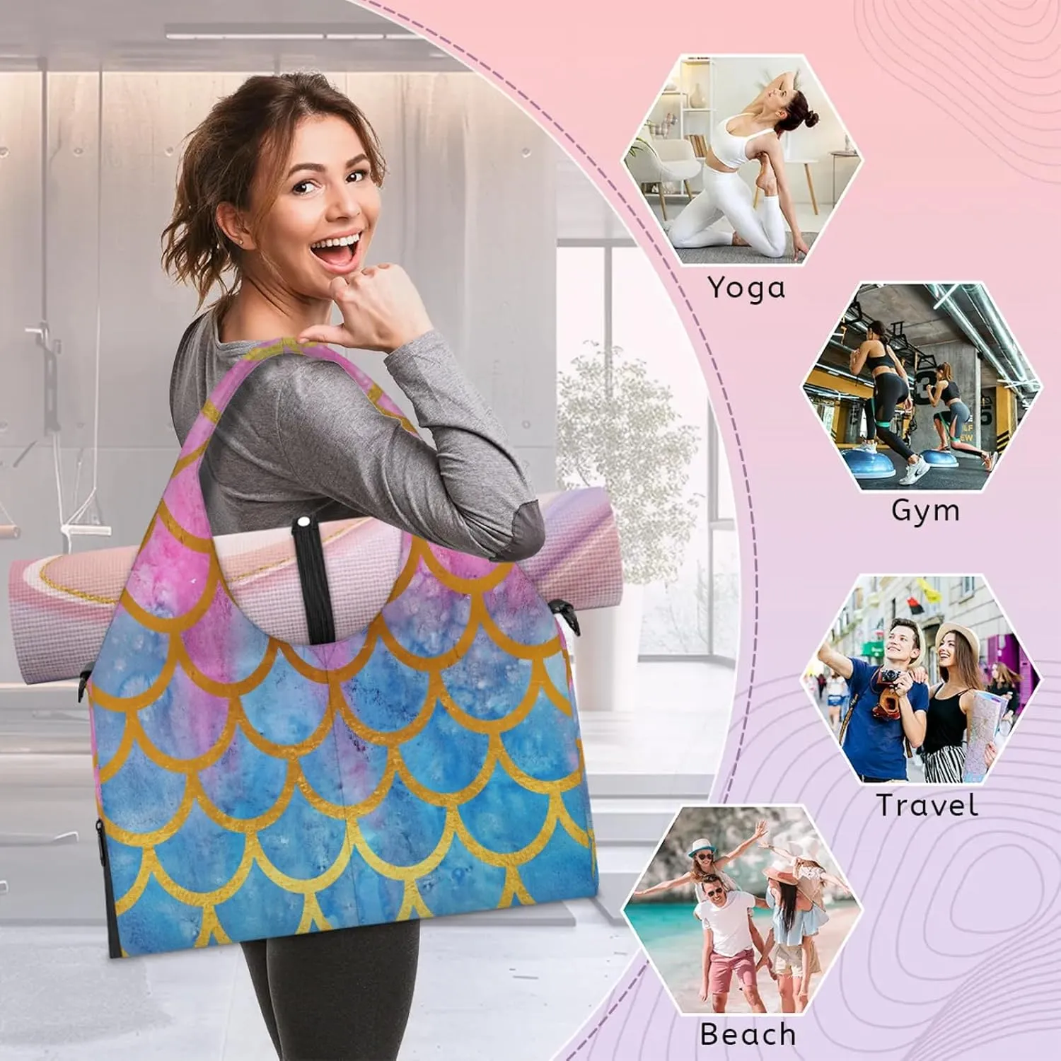 KOBLEN Yoga Gym Bags for Women Duffel Bag with Shoe Compartment and Yoga Mat Portable Weekender Bags for Pilates Travel Offices Workout Beach