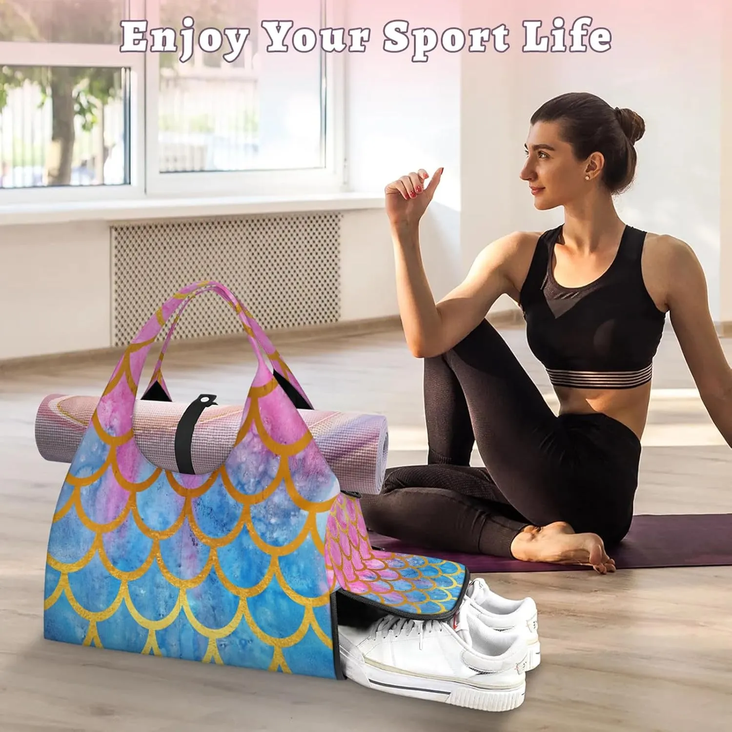 KOBLEN Yoga Gym Bags for Women Duffel Bag with Shoe Compartment and Yoga Mat Portable Weekender Bags for Pilates Travel Offices Workout Beach