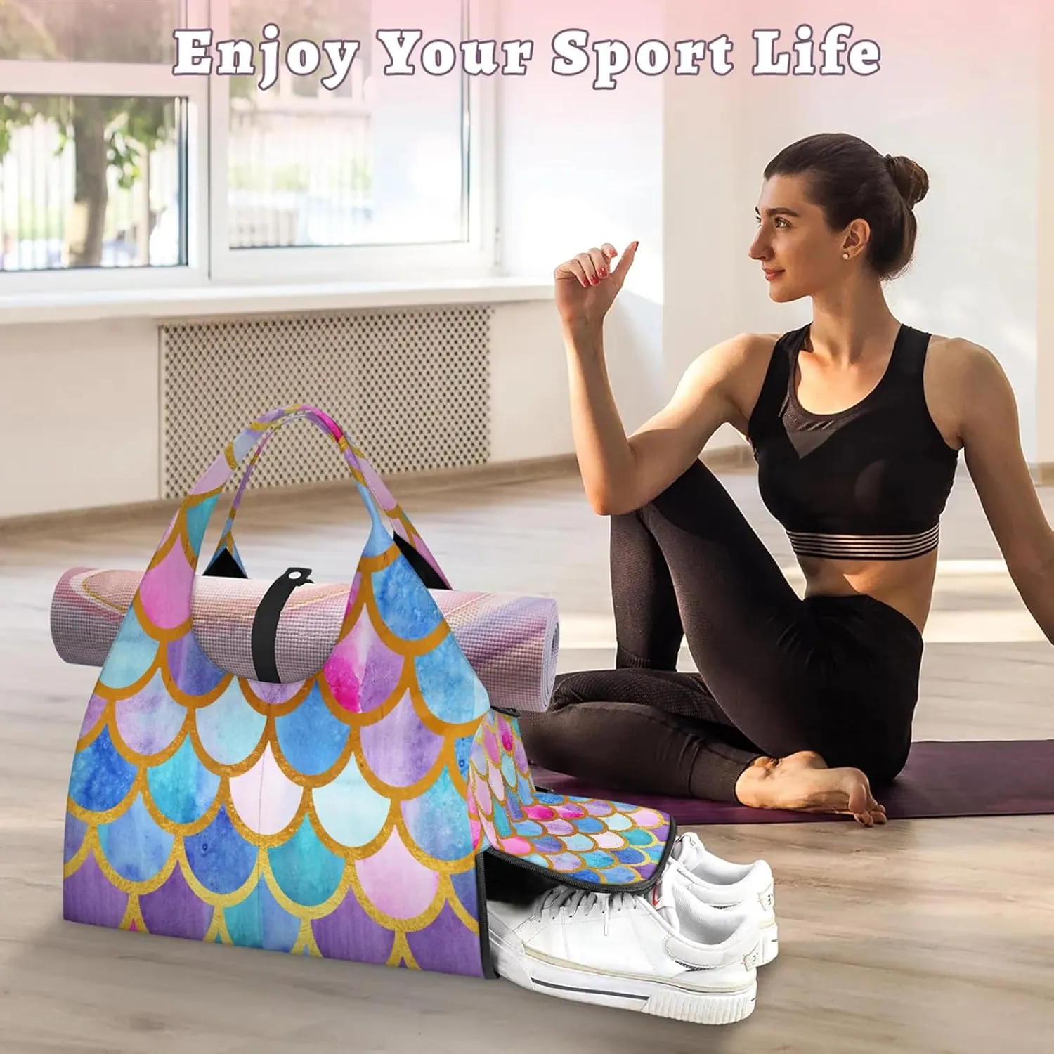 KOBLEN Yoga Gym Bags for Women Duffel Bag with Shoe Compartment and Yoga Mat Portable Weekender Bags for Pilates Travel Offices Workout Beach