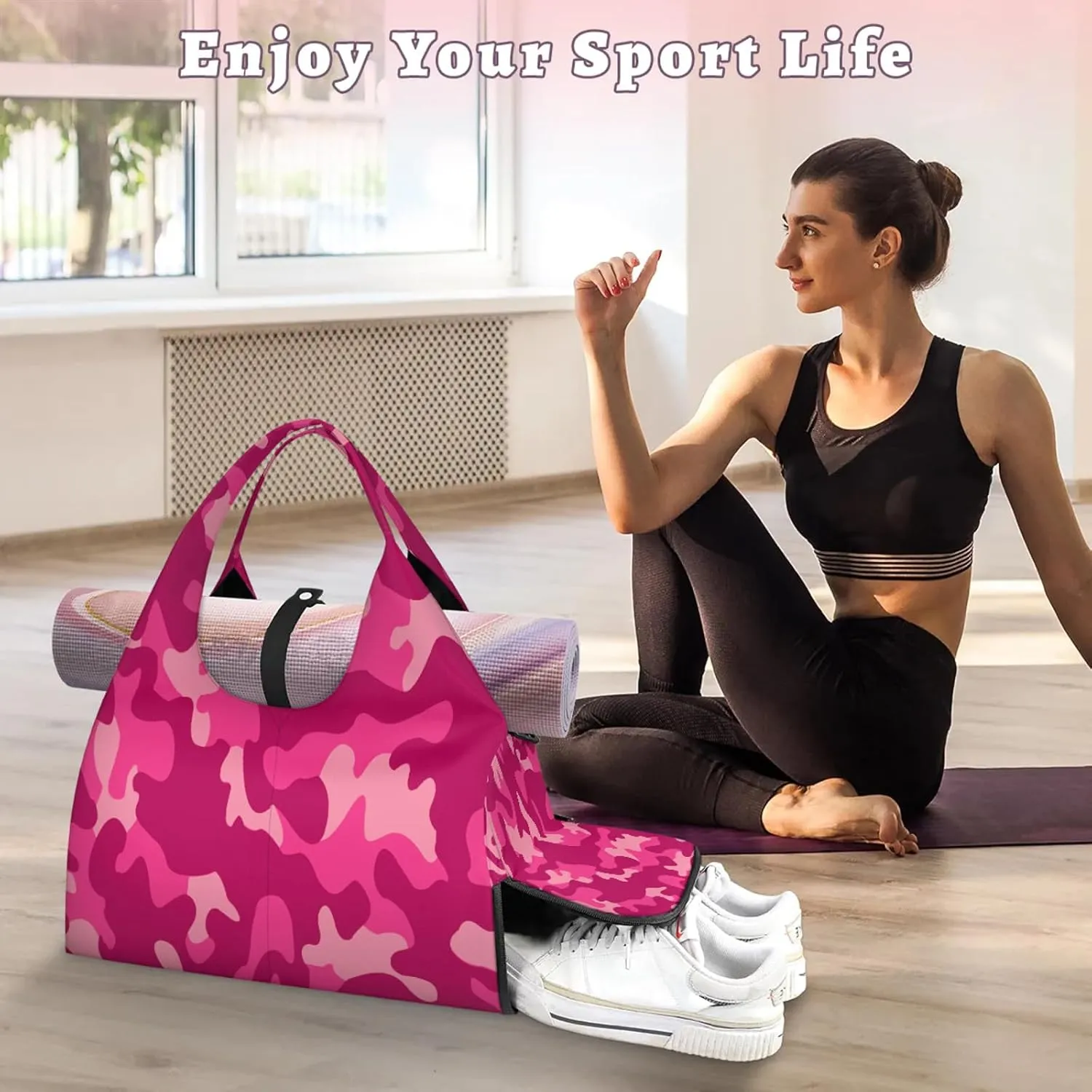 KOBLEN Yoga Gym Bags for Women Duffel Bag with Shoe Compartment and Yoga Mat Portable Weekender Bags for Pilates Travel Offices Workout Beach