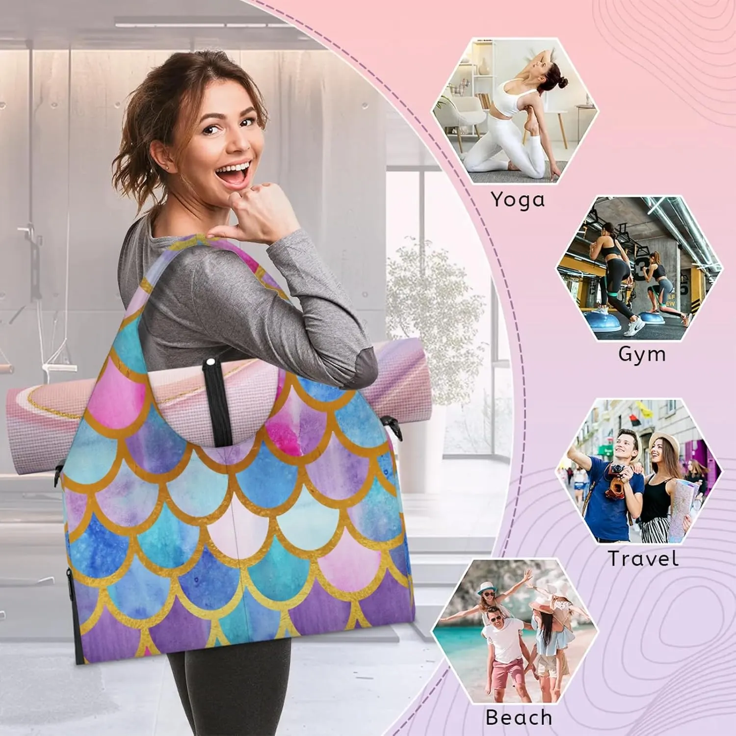 KOBLEN Yoga Gym Bags for Women Duffel Bag with Shoe Compartment and Yoga Mat Portable Weekender Bags for Pilates Travel Offices Workout Beach