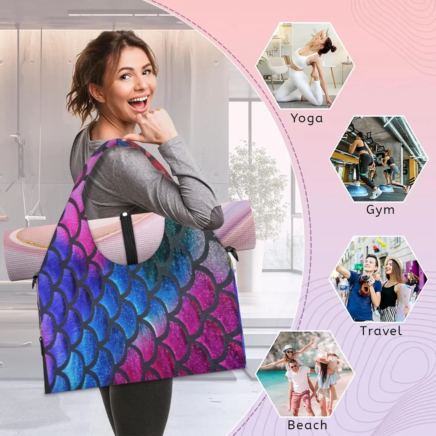 KOBLEN Yoga Gym Bags for Women Duffel Bag with Shoe Compartment and Yoga Mat Portable Weekender Bags for Pilates Travel Offices Workout Beach