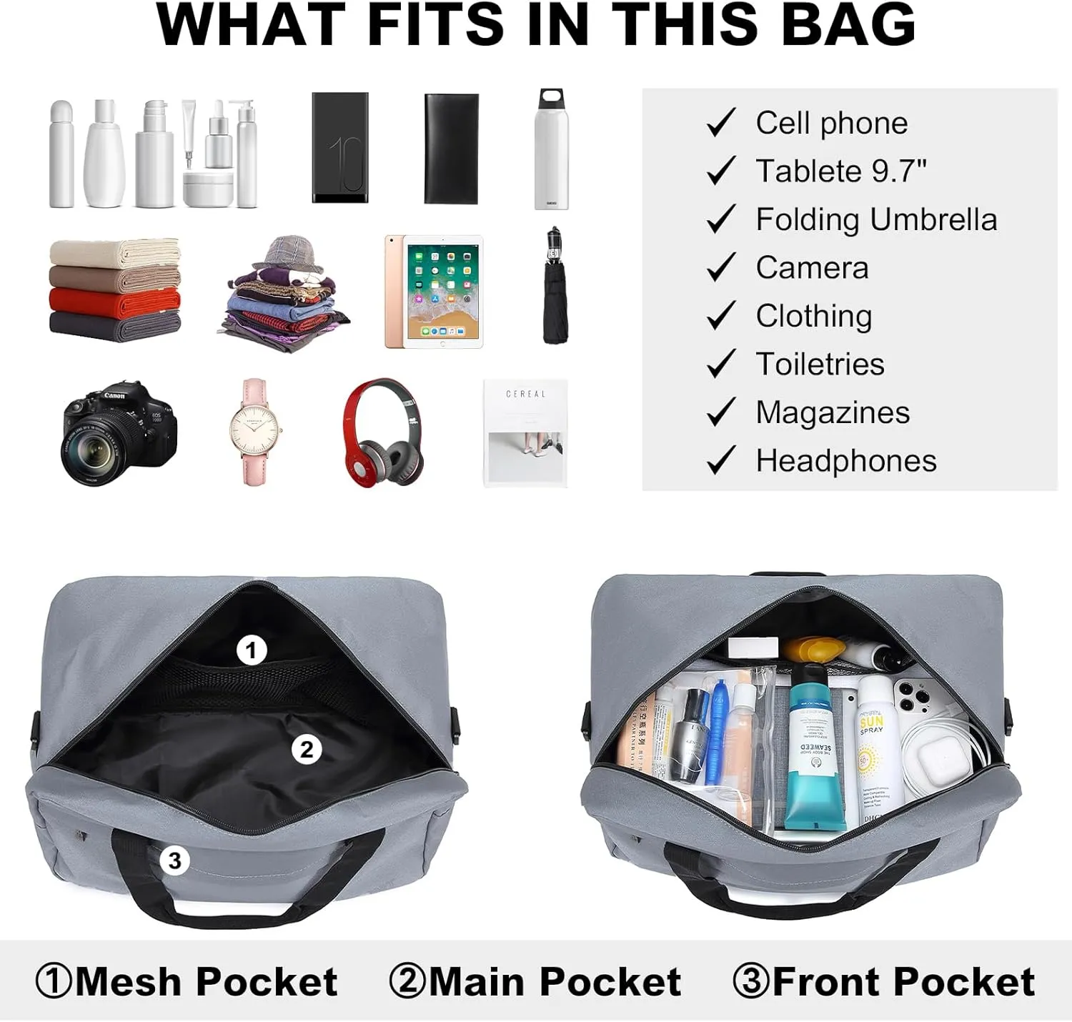 Kono Travel Duffel - 20L Under Seat Carry-On Sports Tote Gym Weekender Overnight Bag - 15.75"x9.84"x7.87" Light Gray
