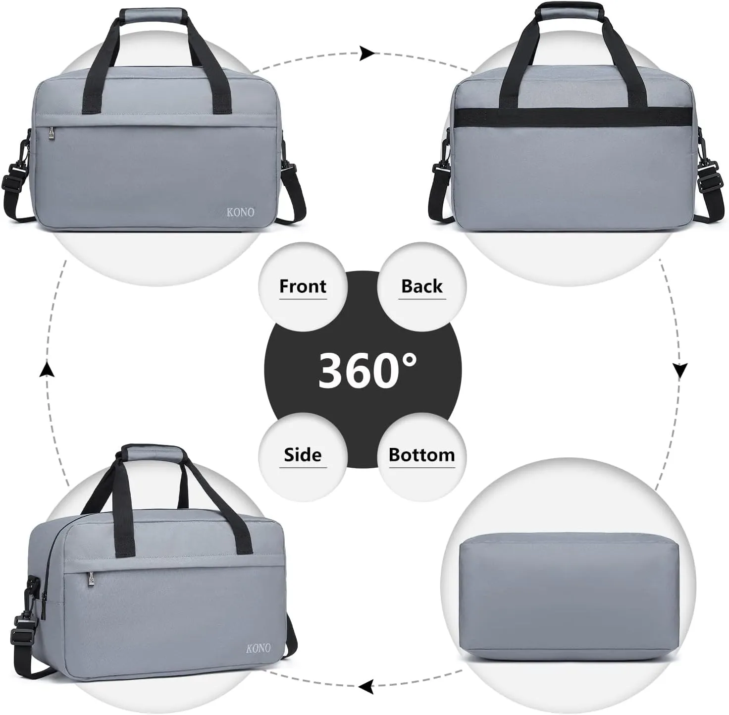 Kono Travel Duffel - 20L Under Seat Carry-On Sports Tote Gym Weekender Overnight Bag - 15.75"x9.84"x7.87" Light Gray