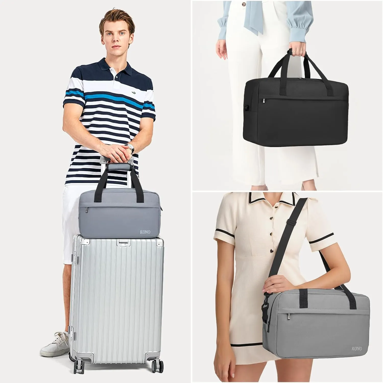 Kono Travel Duffel - 20L Under Seat Carry-On Sports Tote Gym Weekender Overnight Bag - 15.75"x9.84"x7.87" Light Gray