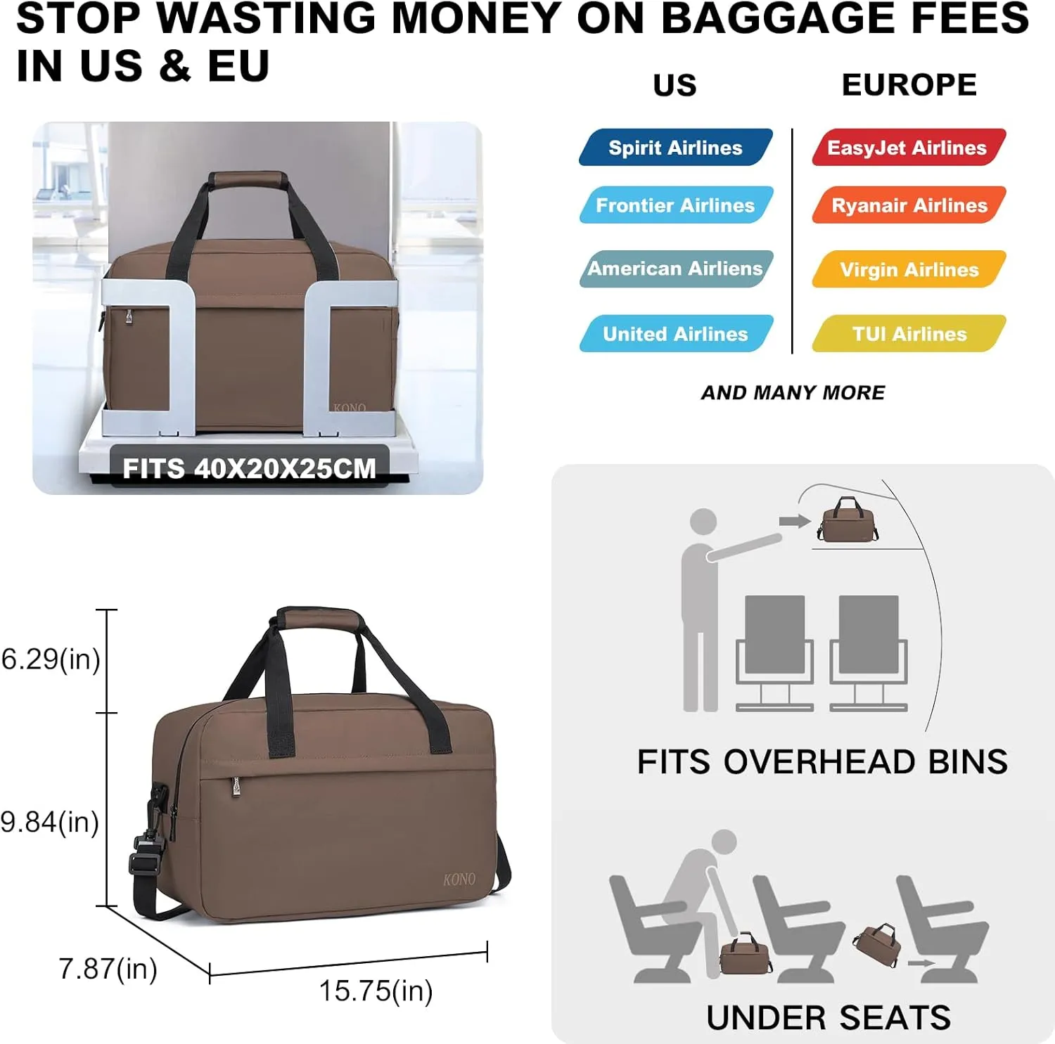 Kono Travel Duffel 20L Under Seat Carry-On Sports Tote Gym Weekender Overnight Bag - Brown, 15.75"x9.84"x7.87"