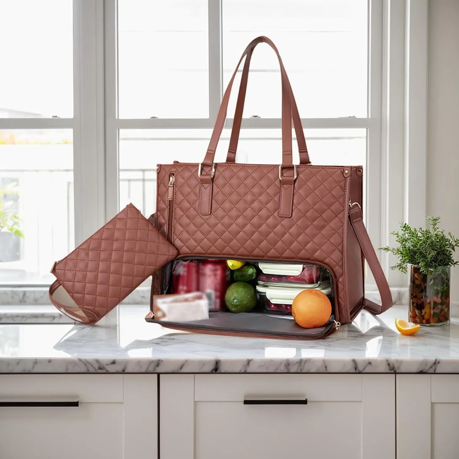 Kristie Leblanc Tote Bag, 2 in 1 Tote Lunch Bag Combo, 15.6 Inch Large Pu Laptop Bags with Insulated Lunch Compartment (Dark Red,One Size)